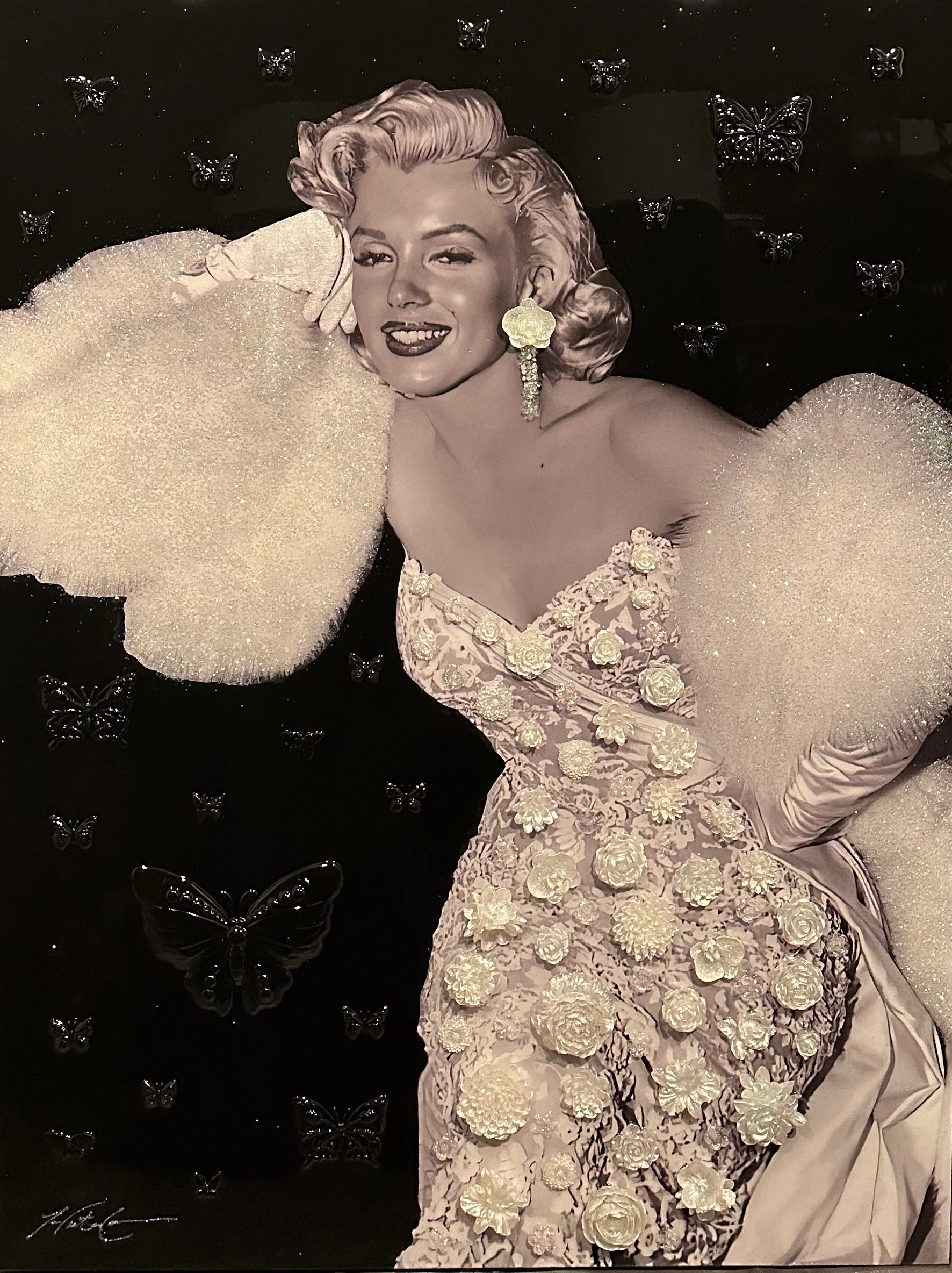 Marilyn Monarchy — 48x36x1.5 in, 2024 — Marilyn Monarchy is a contemporary pop art painting by Hunter Connor, crafted on canvas with bold visuals and a unique thematic flair. A glamorous depiction of a silver screen icon, infused with soft tones and