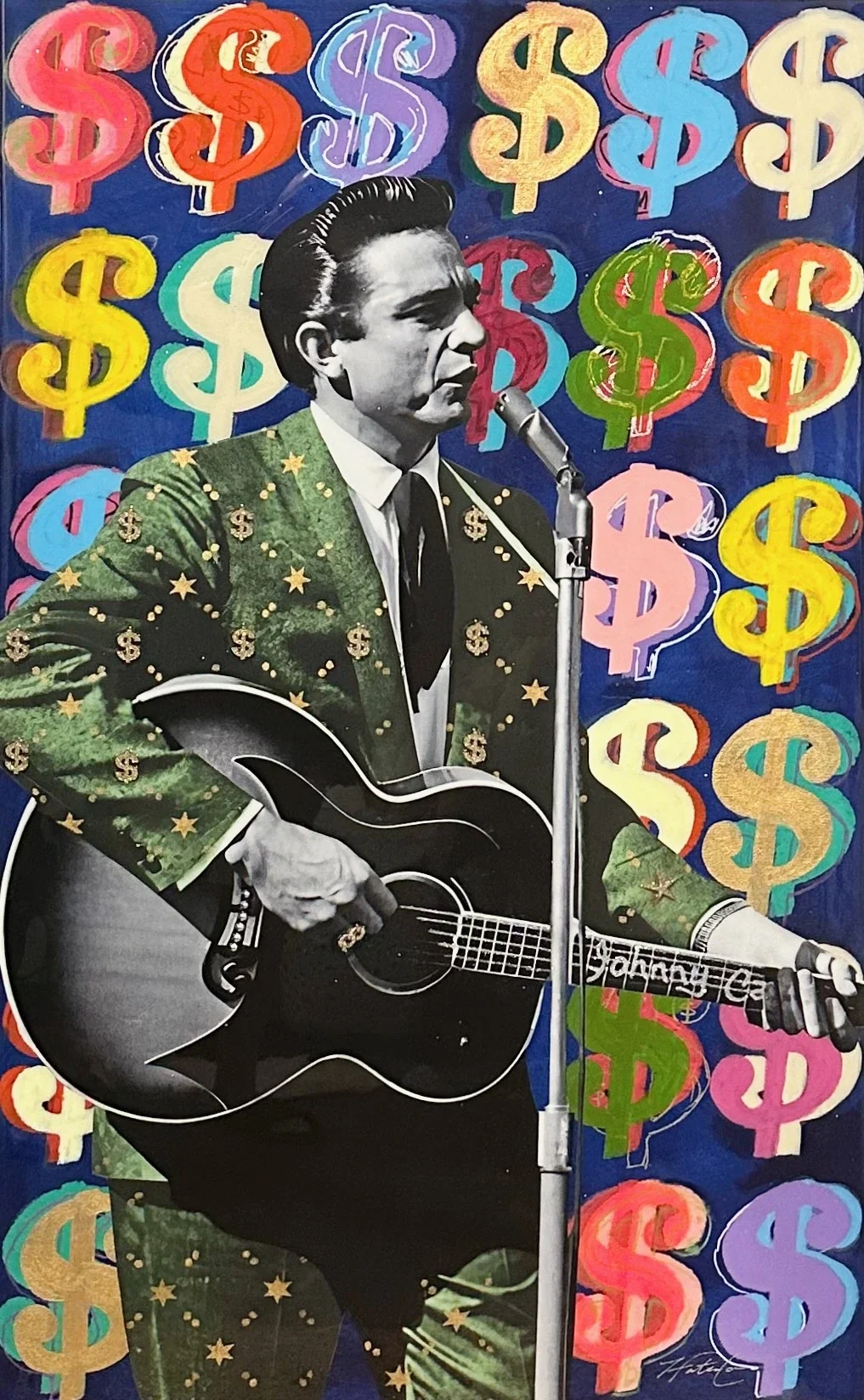 Cash’d Out is a 40 × 30-inch original mixed-media portrait honoring Johnny Cash, the Country Music Hall of Famer known for his unmistakable voice and rebellious spirit. Hunter Connor combines Cash’s commanding image with currency textures and layered