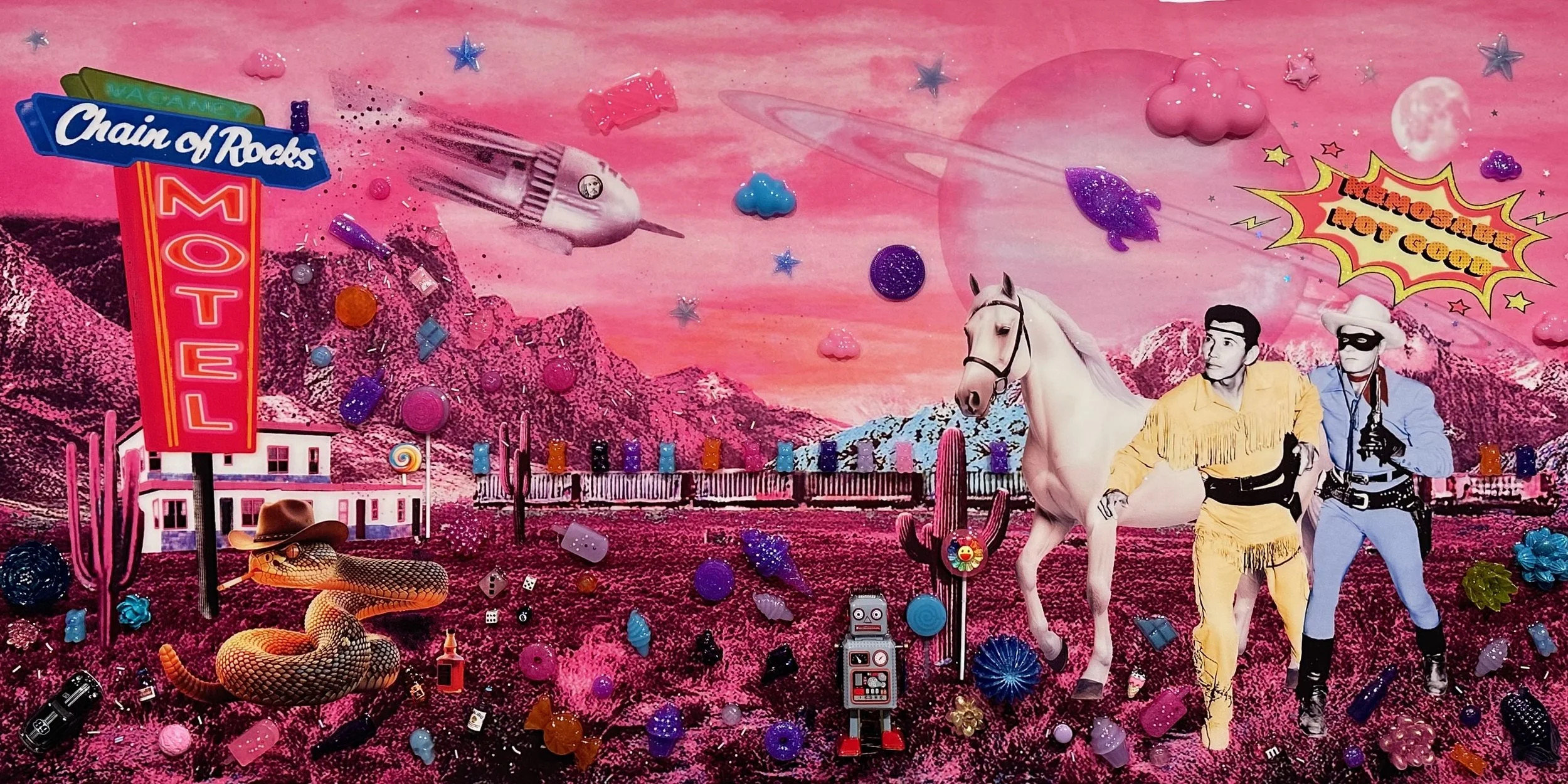 A 24x48x1.5" Western-inspired pop-art piece blending humor, nostalgia, and critique. Hunter Connor uses vivid color, layered text, and Americana imagery to explore myth, memory, and rebellion in contemporary culture.