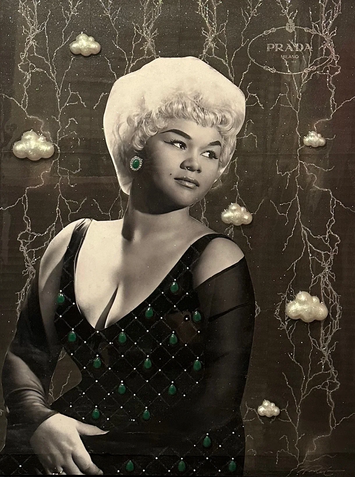 Stormy Weather is a 40 × 30-inch original mixed-media portrait inspired by the emotional atmosphere of classic vocal jazz and Old Hollywood glamour. Hunter Connor combines grayscale portraiture, soft textures and layered fashion imagery to create a s