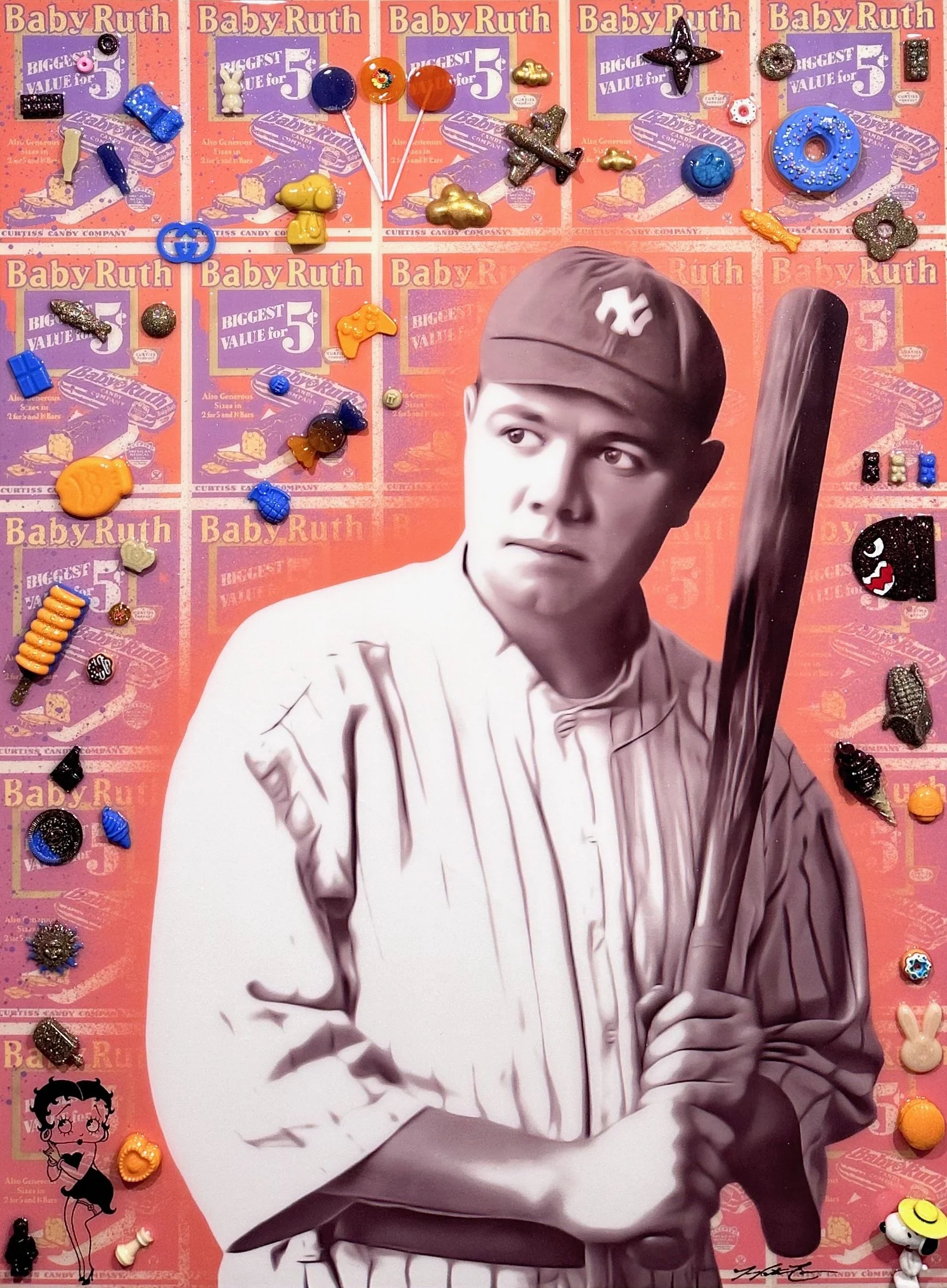 A 40x30x1.5" pop-art painting of Babe Ruth that merges classic Americana with modern vibrancy. Through bold color and texture, Hunter Connor celebrates the legend’s swagger, legacy, and lasting cultural impact.