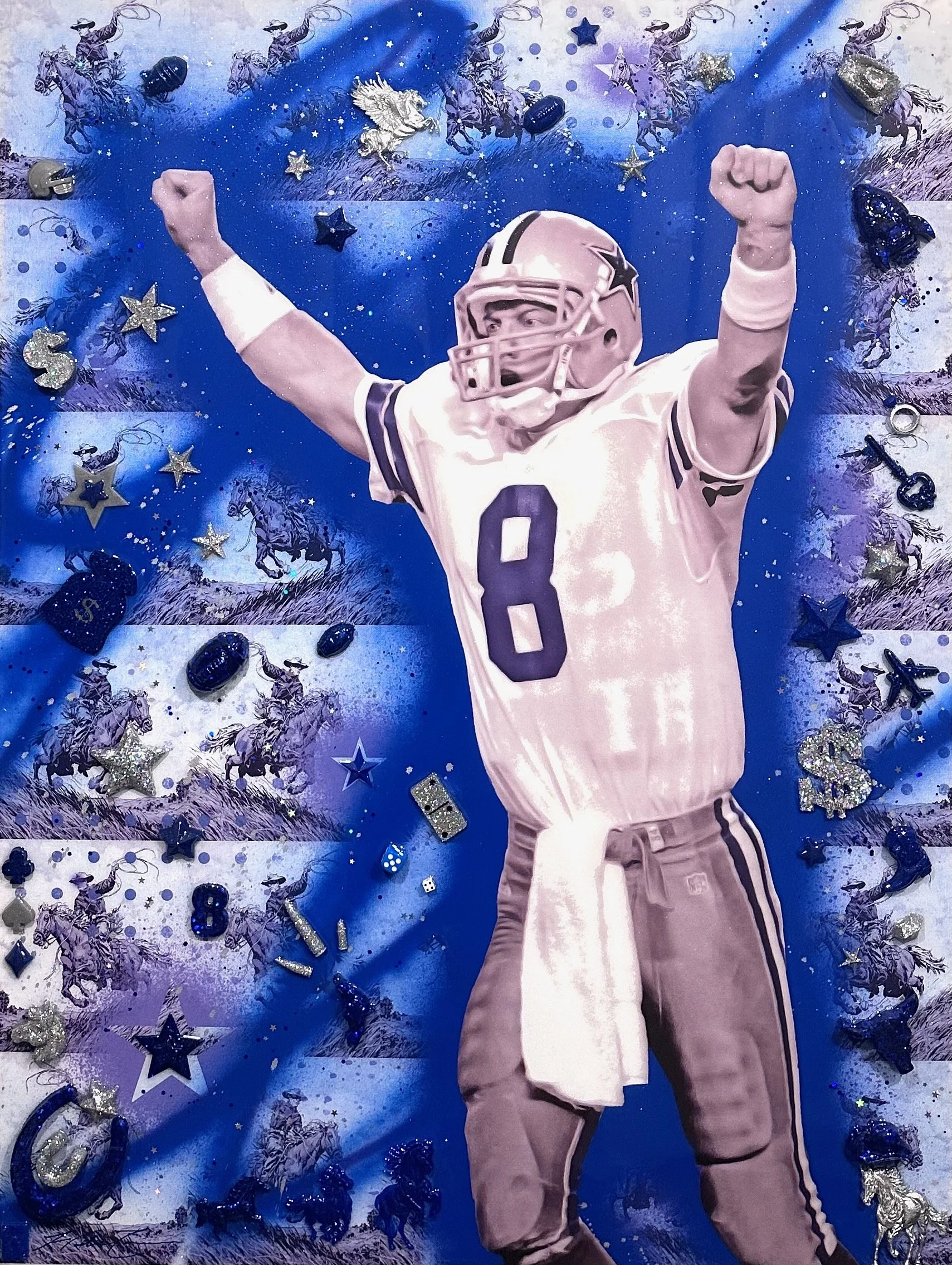 A 40x30x1.5" pop-art celebration of Texas football culture. Bursting with motion and energy, this vibrant piece honors athletic pride and resilience in Hunter Connor’s bold, contemporary style. Perfect for fans of sports, Texas art, and modern Americ