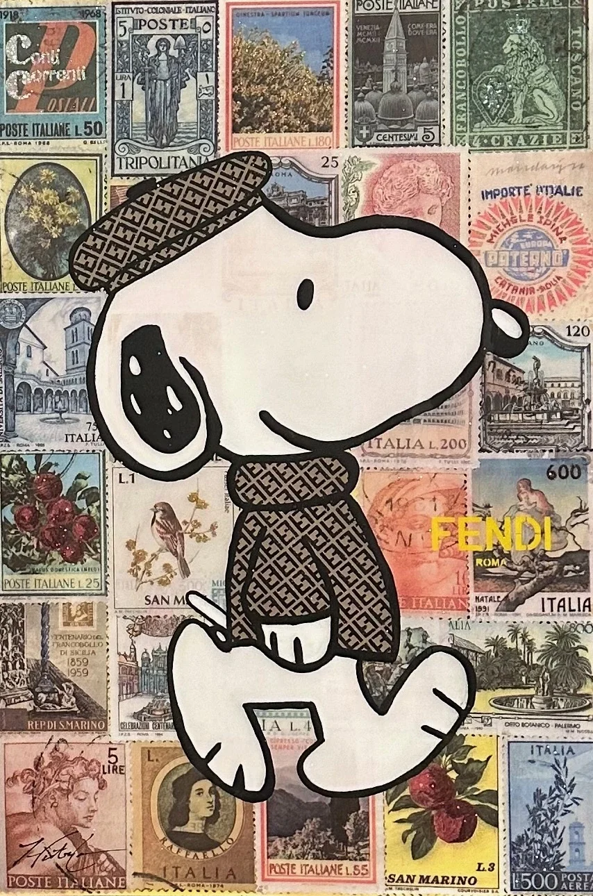 Snooping Around in Fendi — 30 × 24 inches. Inspired by Snoopy, the internationally recognized Peanuts character, this original mixed-media artwork pairs his playful personality with the polished style of Fendi. Layered fashion references and contempo
