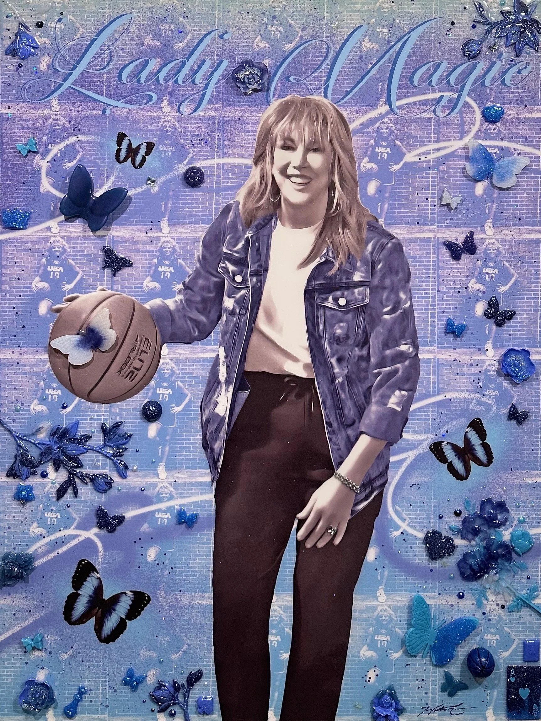 Lady Magic — 40 × 30 × 1.5 inches. Inspired by Nancy Lieberman, the Olympic silver medalist, Basketball Hall of Famer and pioneering player and coach known as “Lady Magic,” this mixed-media artwork celebrates her trailblazing career through commandin