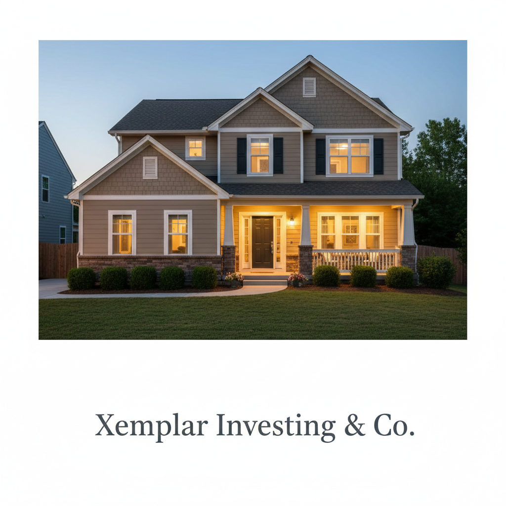 A two-story suburban house with a front porch, several windows, and exterior lights on at dusk, with a well-manicured lawn and bushes in front.