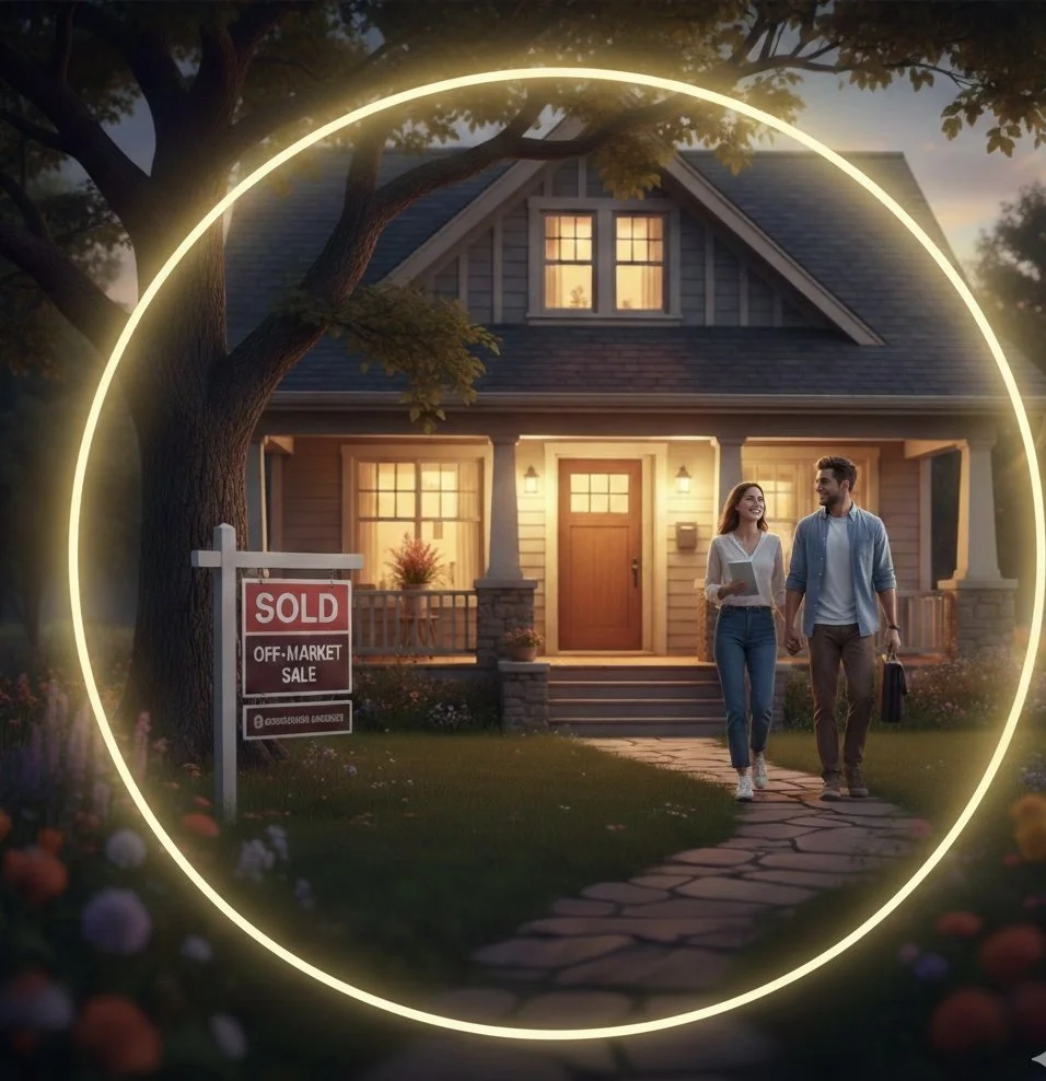A happy couple walking towards their new home at sunset, surrounded by a glowing neon circle, with a 'Sold' sign in the front yard.