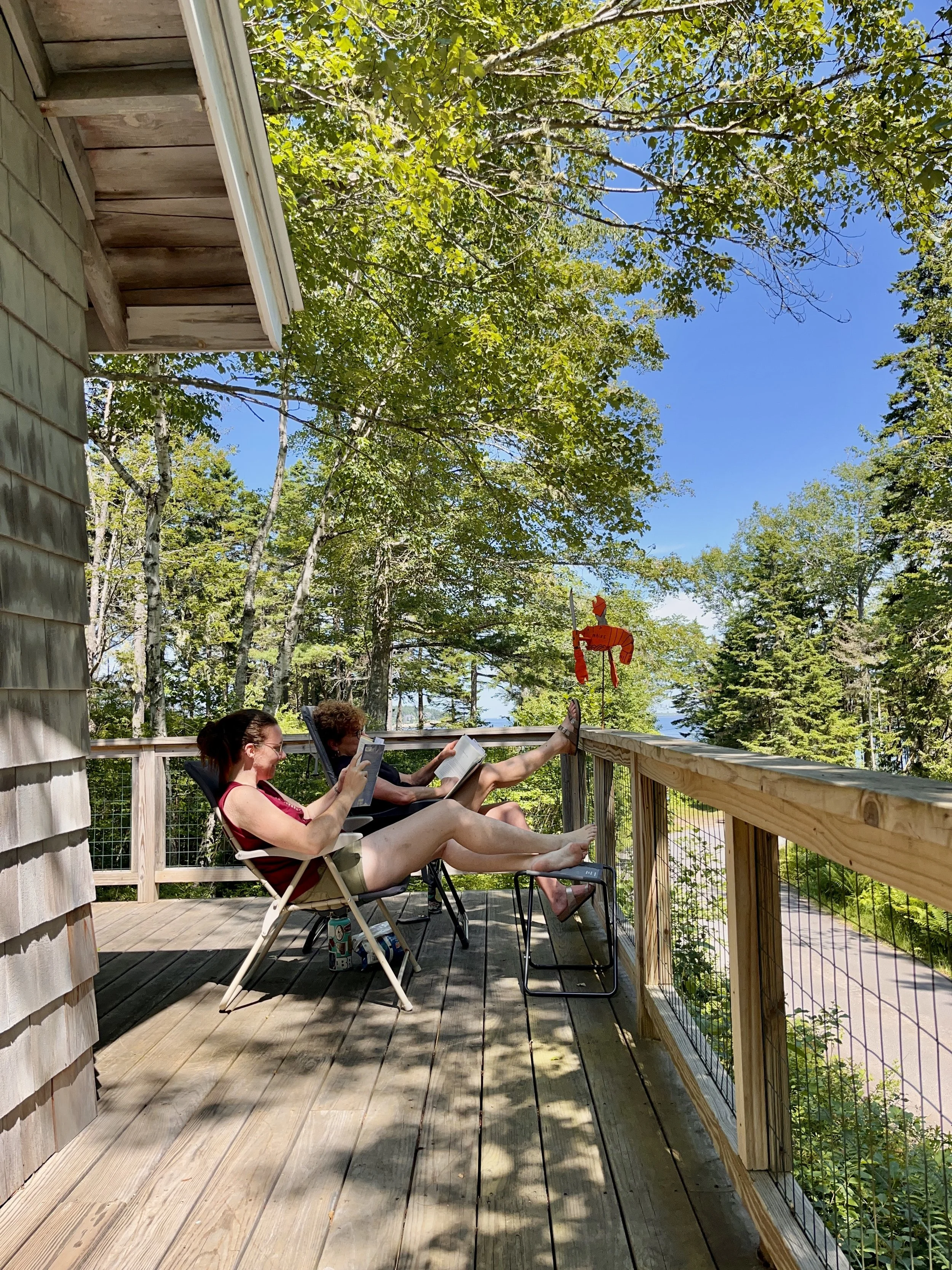 Two women relax on a wooden deck surrounded by green trees, reading books and enjoying sunny weather, with a clear view of the sky and water in the distance.