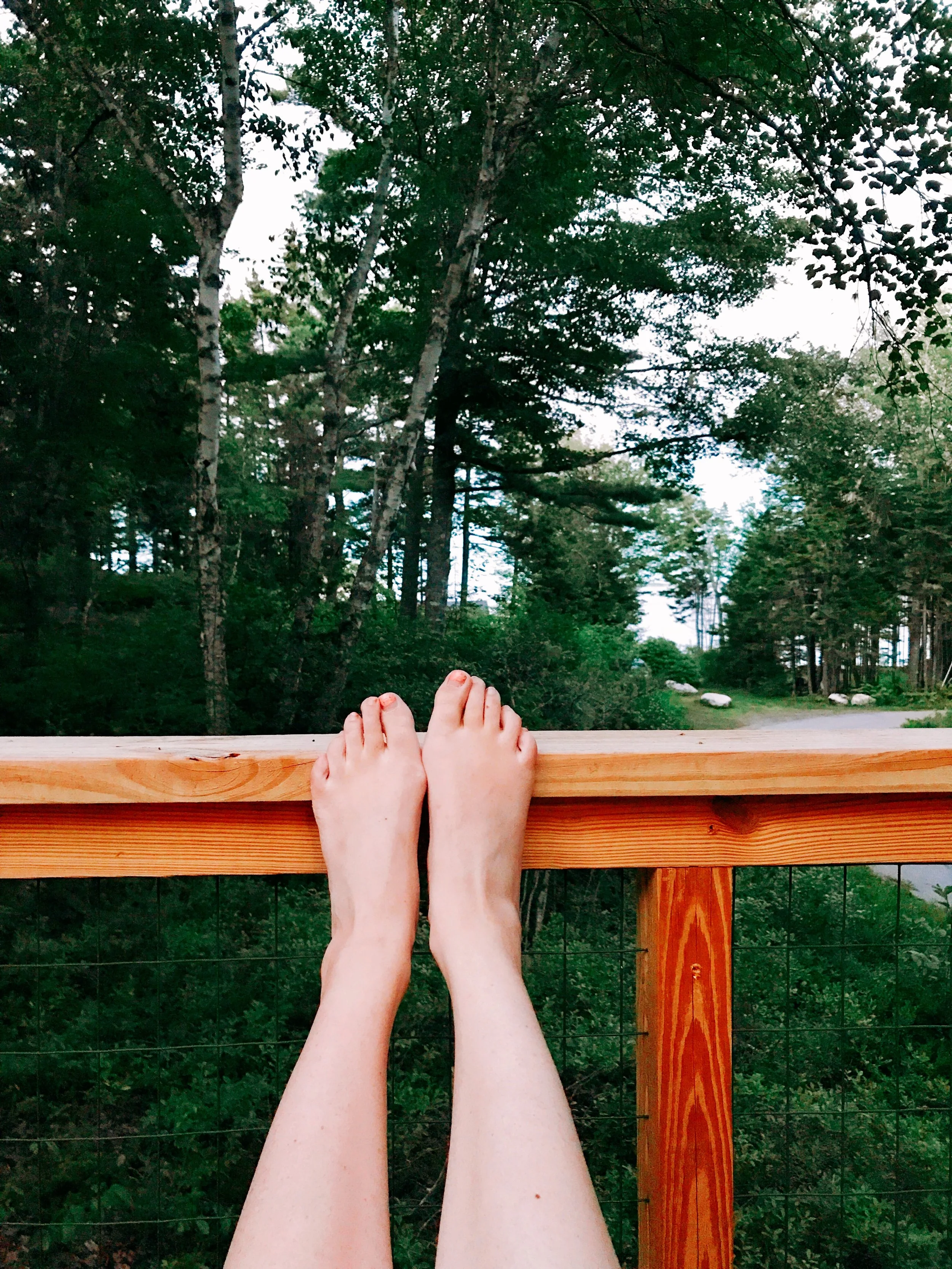 Person's bare feet resting on a wooden railing of a balcony overlooking a forested area with trees.