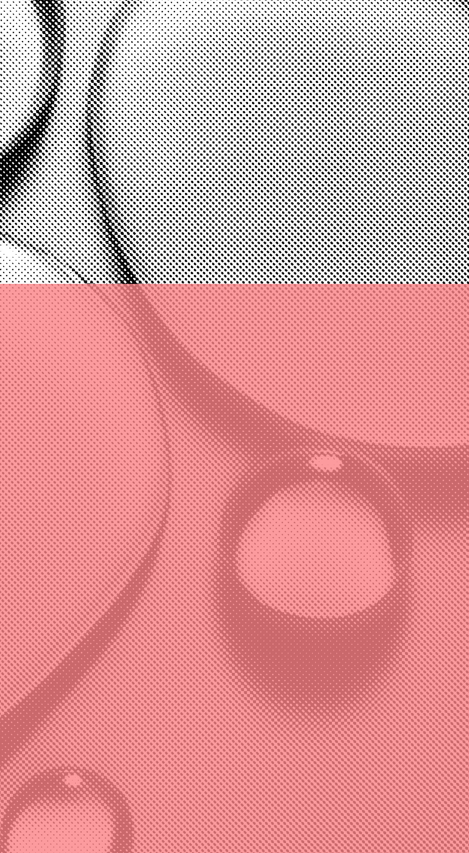 Close-up of a wheel on a bicycle, with focus on the hub and spokes, edited to have a halftone dot pattern with a split-tone effect in black and pink.