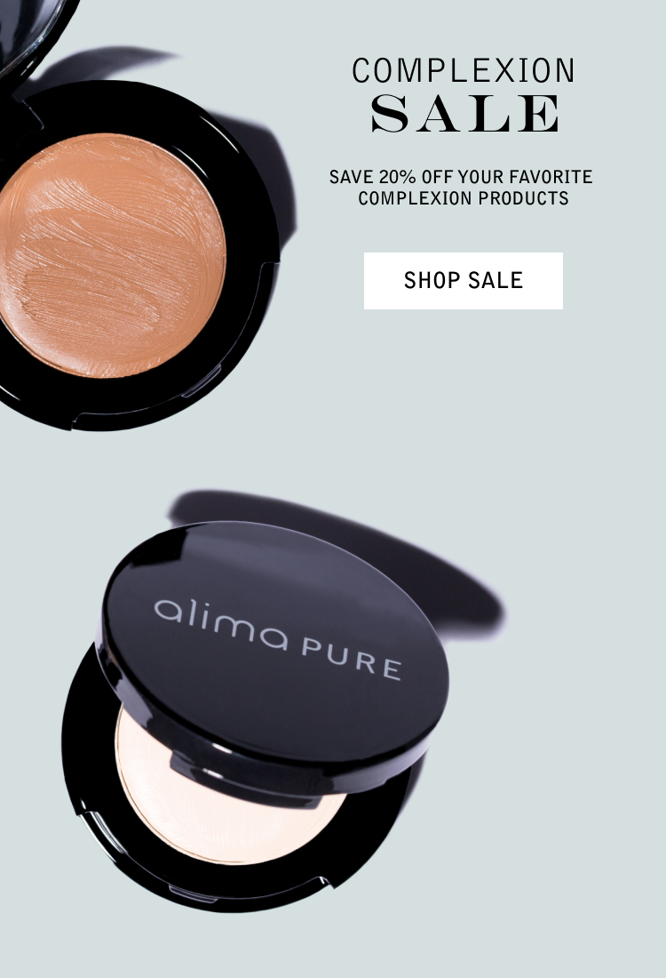 Advertising banner for a sale on complexion products featuring two containers of makeup.