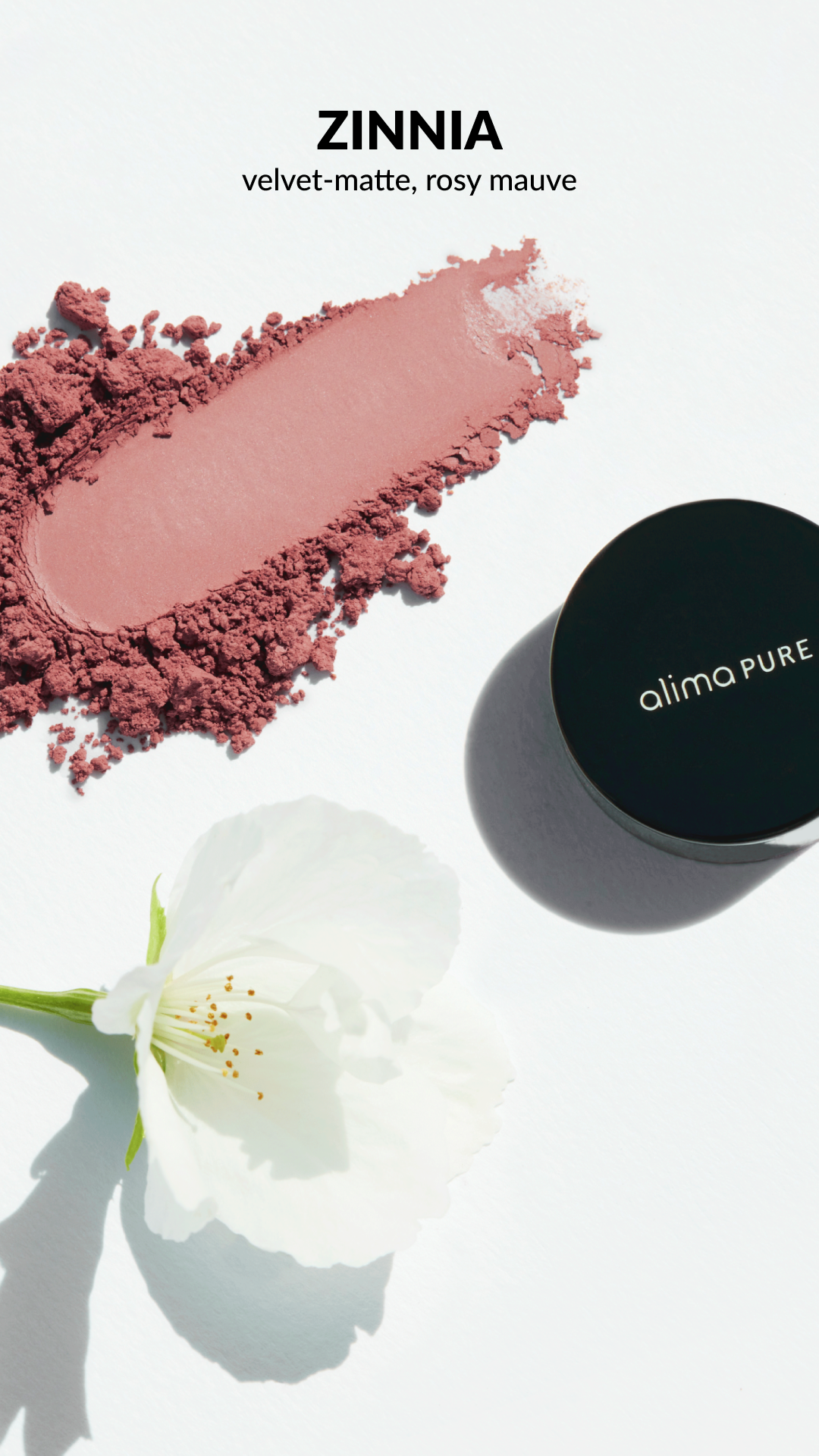 Swatch of mauve-colored velvet-matte Zinnia blush next to a white flower and a black container labeled 'alima PURE' on a white background.