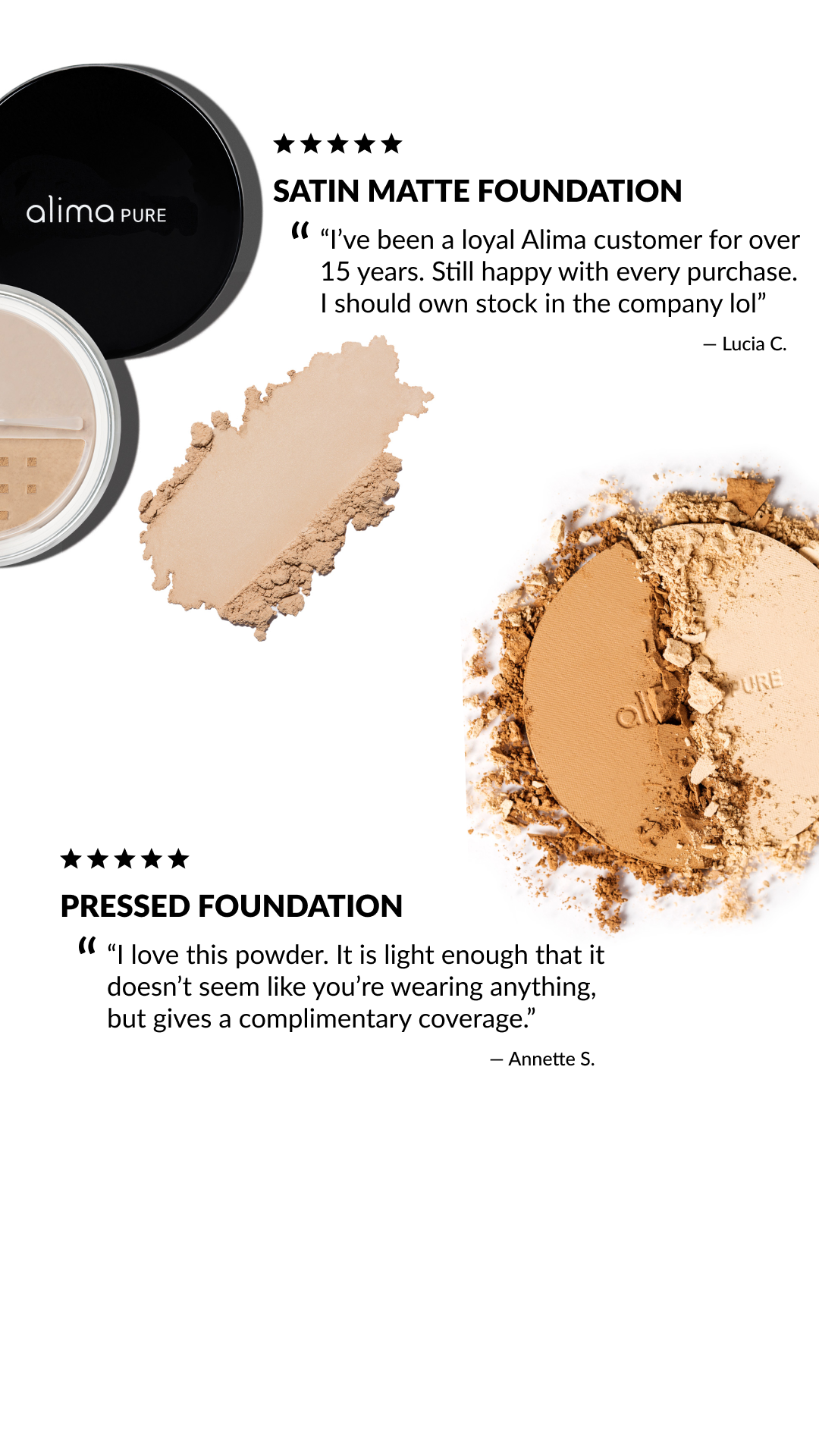 Image of Alima Pure makeup products, including pressed and loose foundation powders, with customer reviews and descriptions of their qualities.