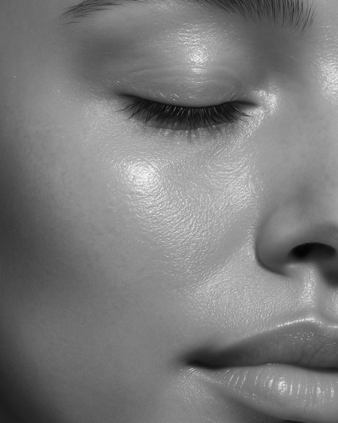 Close-up of a person's face with closed eye, showing detailed skin texture, eyelashes, and lips in black and white.