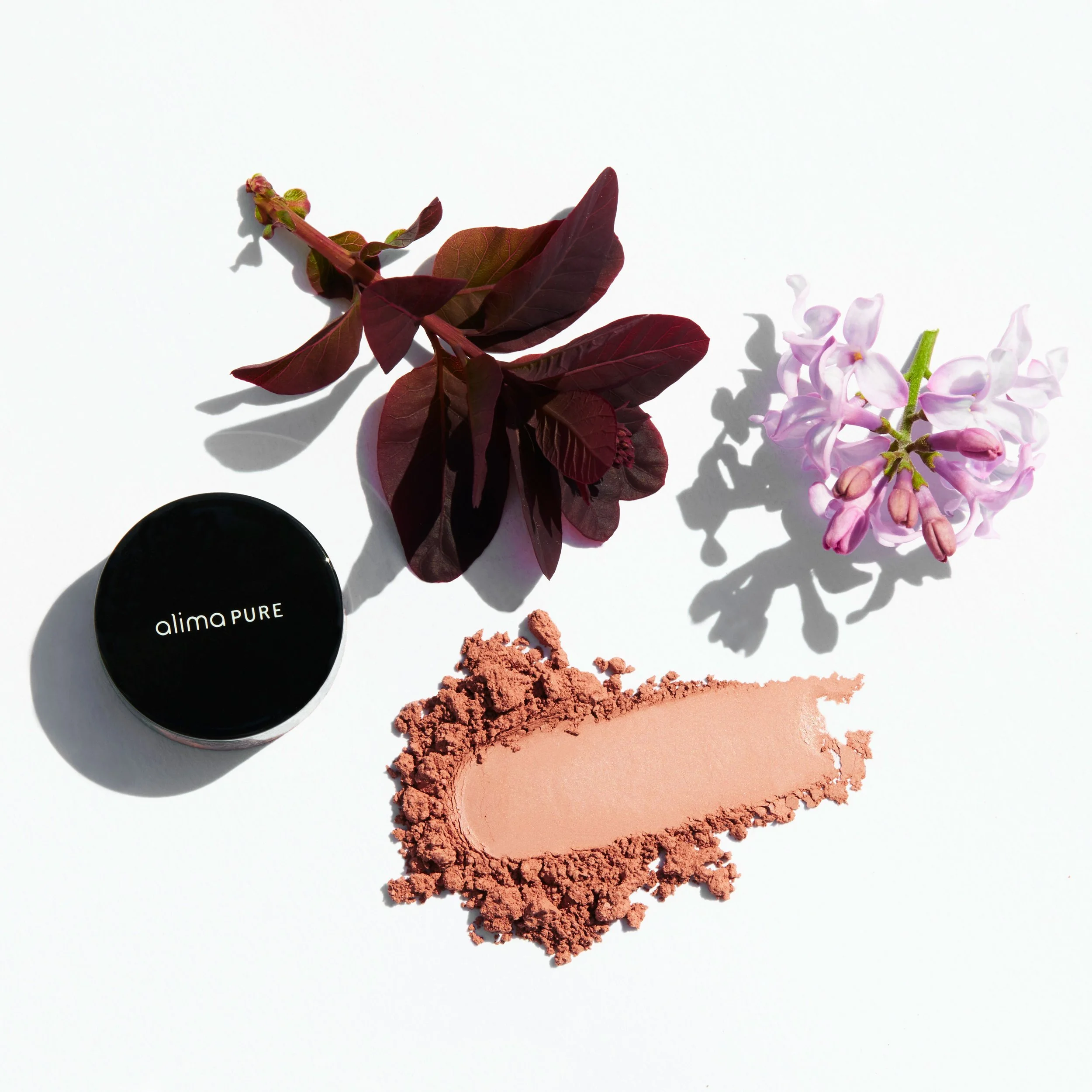 Cosmetic product, powder blush swatch, fresh purple and reddish flowers, and dark purple leafy plant on white background.