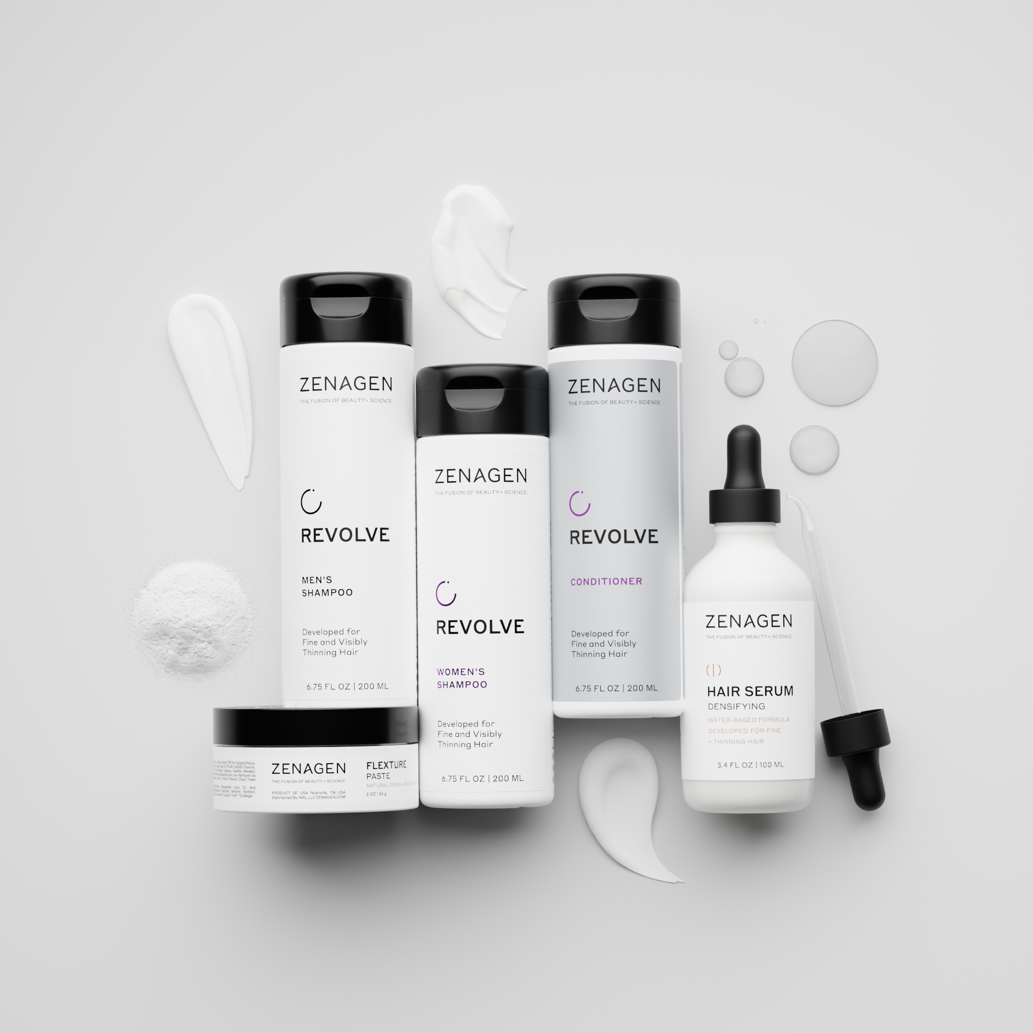 Collection of Zenagen hair care products including men's shampoo, women's shampoo, conditioner, hair serum, and fixation paste, arranged on a light background with cosmetic elements.