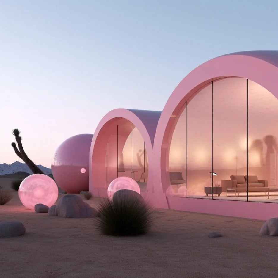 Futuristic pink glass house in desert with glowing pink spheres and desert plants at sunset.