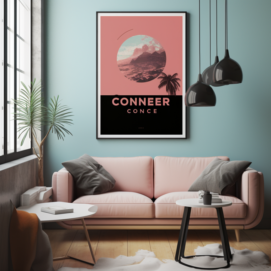 A living room with a pastel pink sofa, gray pillows, and a round white coffee table. There is a plant with palm-like leaves next to a window on the left. A large framed poster with a pink and black landscape, palm tree, and text reading "CONNEER CONCE" is on the turquoise wall. Three black pendant lights hang from the ceiling. A white book and a small potted plant are on the coffee table.