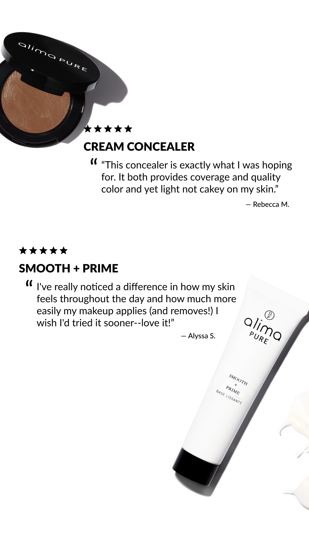Product image of Alma Pure's Smooth + Prime base with customer reviews highlighting coverage, natural color, and easy application.