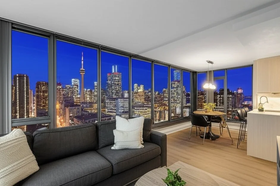 Modern condo interior with floor-to-ceiling windows showcasing a dazzling city view at night