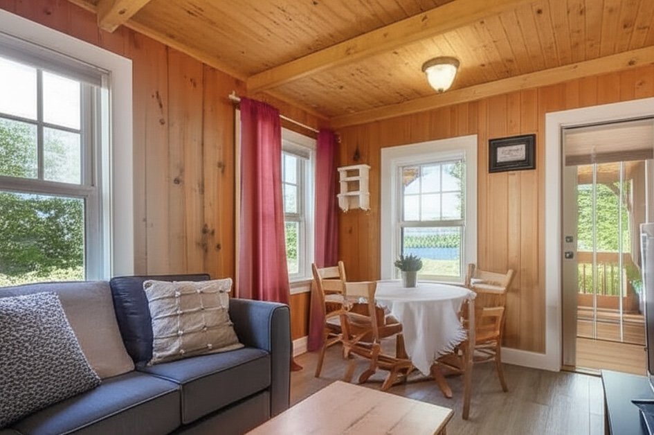 Cozy cottage interior with wood paneling and a view of a serene lake through the window