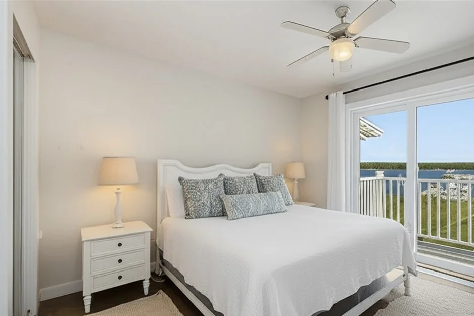 Sunny guest house bedroom with ocean views from a private balcony
