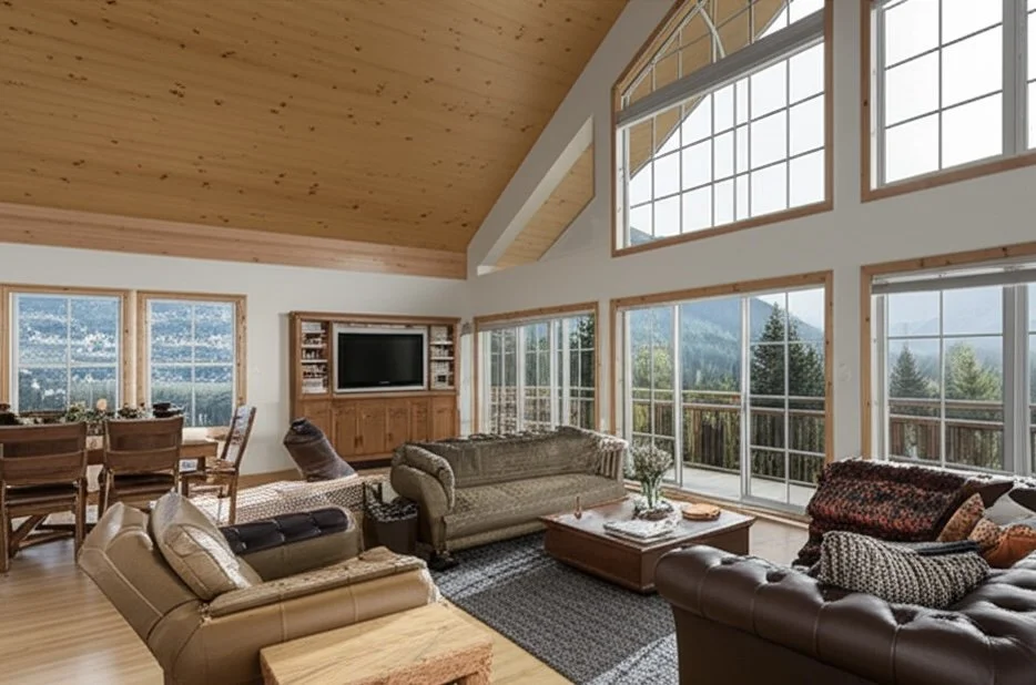Contemporary cabin living room with expansive windows revealing a misty forest landscape