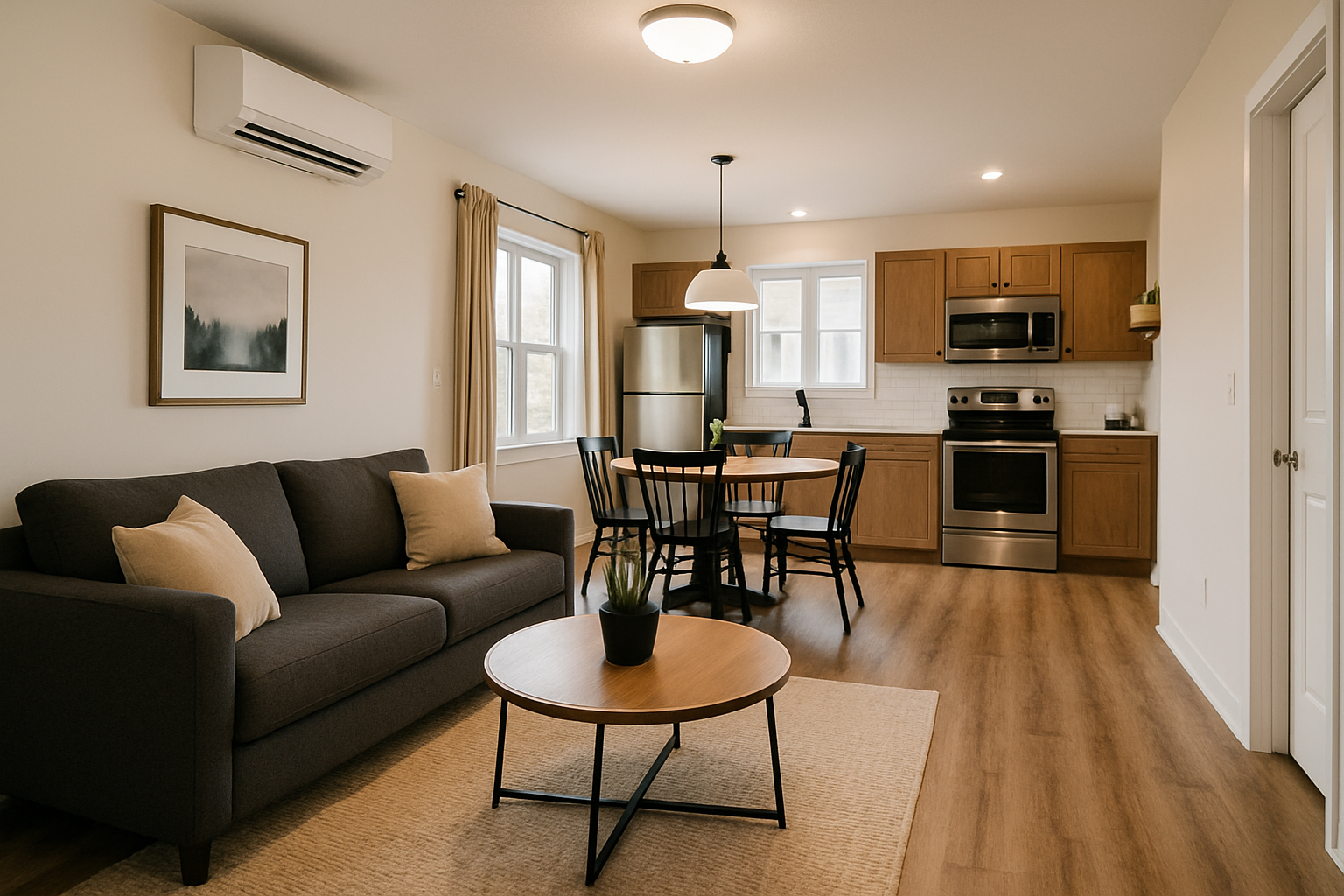 A modern open-concept living room and kitchen with a dark grey sofa, round coffee table, dining set, and stainless steel appliances.