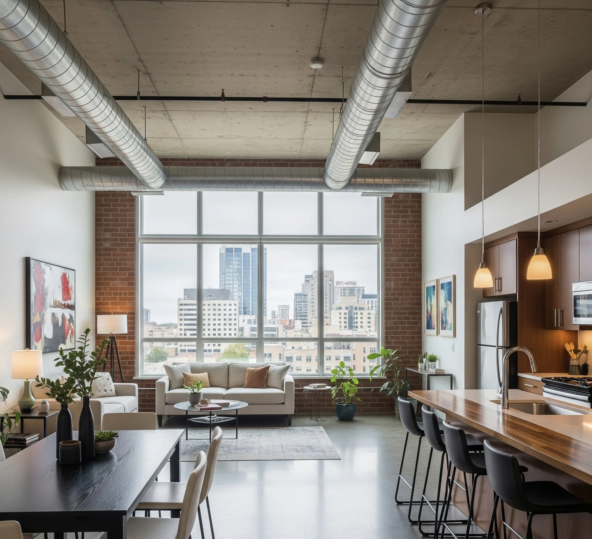 Modern apartment living room with large window view of city, dining table, sofa, kitchen island, and indoor plants.