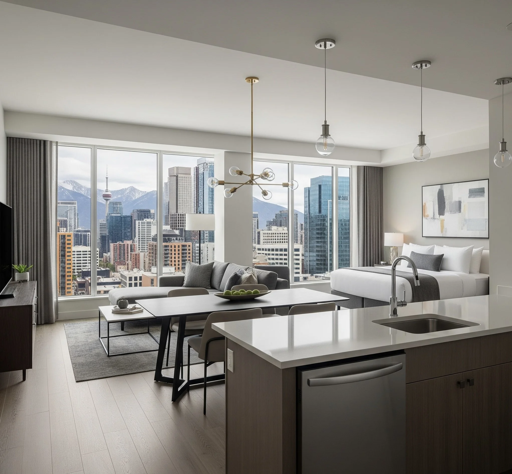 Modern apartment interior with a living room, dining area, and bedroom in the background. Large windows with city and mountain views, minimalistic decor, and contemporary furniture.