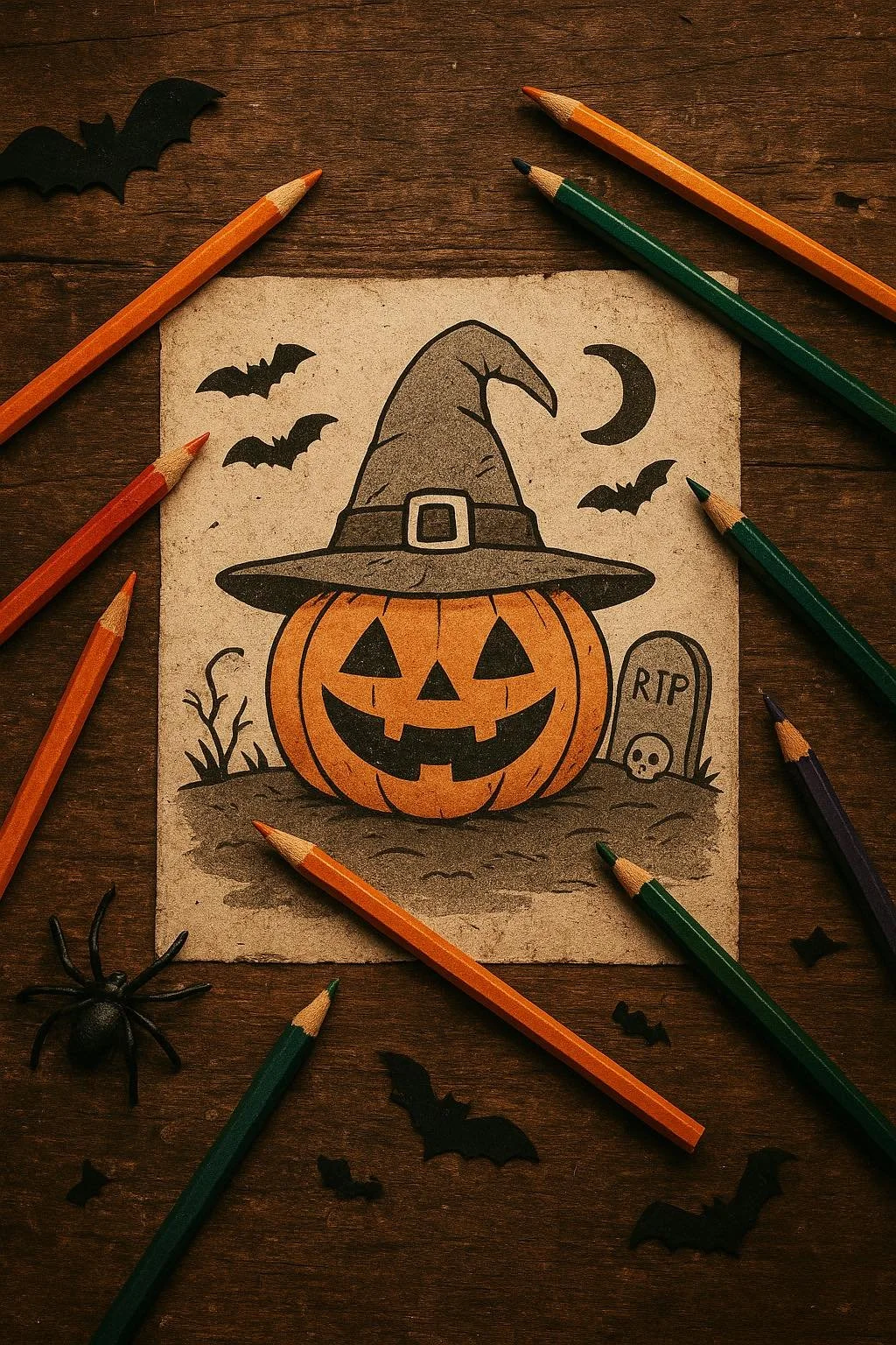 Colored Halloween drawing of a pumpkin with a witch's hat and a smiling face, surrounded by bats, a moon, and a grave with "RIP" written on it, on a wooden surface with colored pencils and plastic bats and spider decorations.