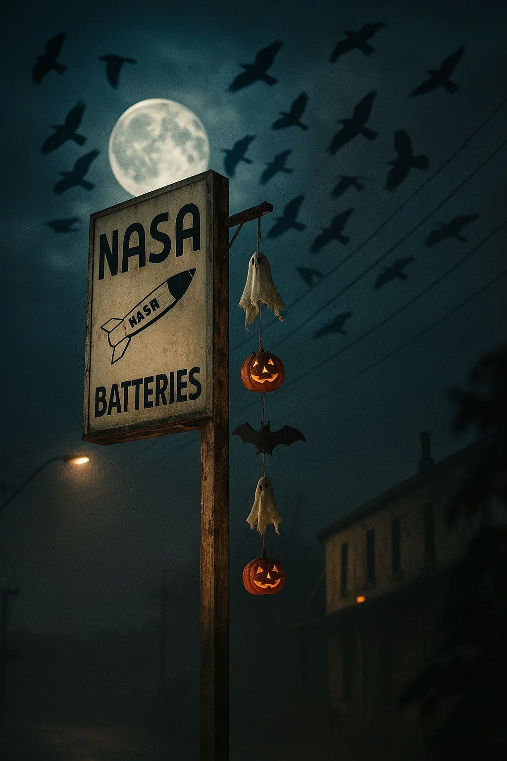 A spooky Halloween-themed scene with a sign for NASA Batteries, decorated with hanging ghost and pumpkin ornaments. In the background, a full moon illuminates a sky filled with flying bats.