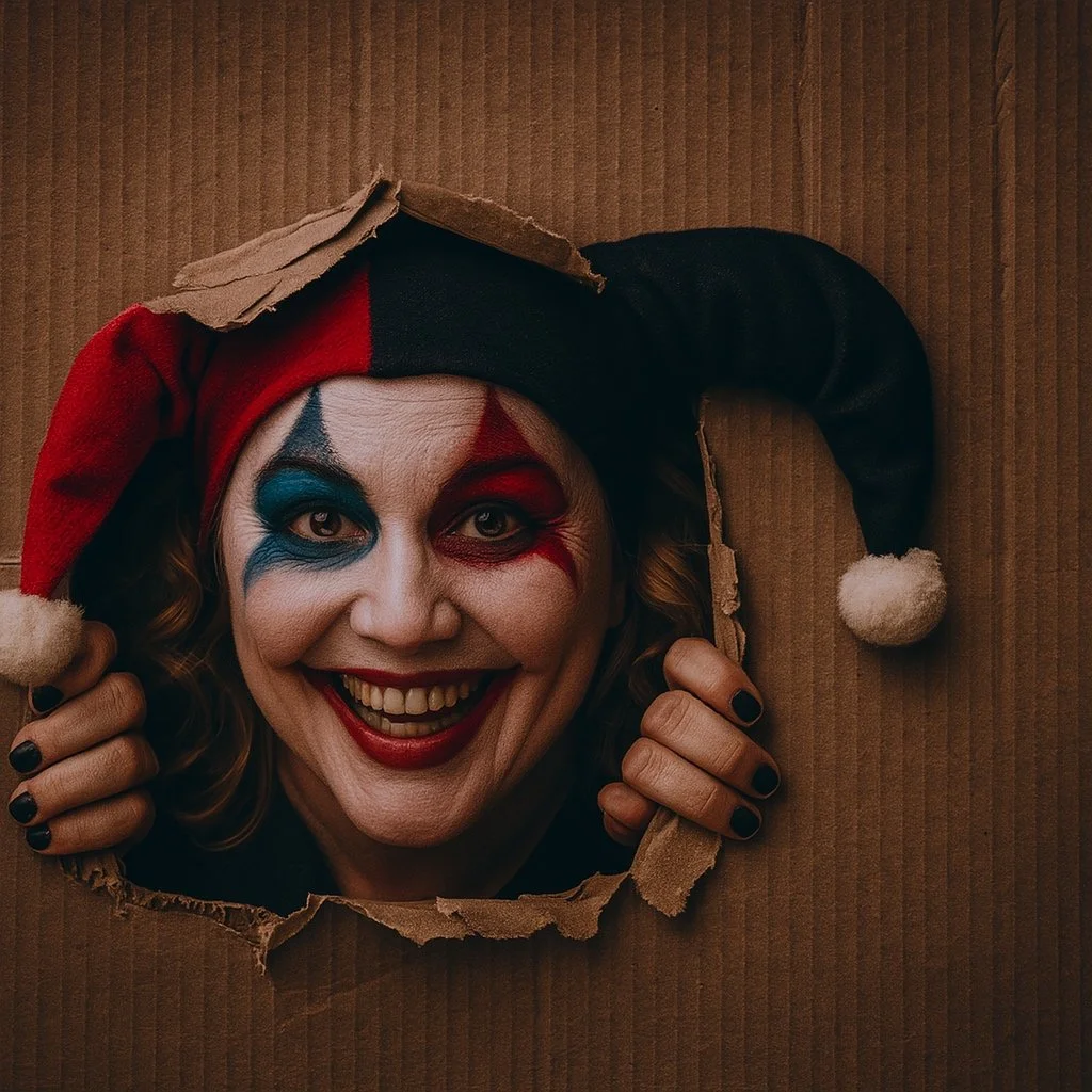 A woman dressed as a jester with red, black, and blue face paint, smiling and looking through a hole in cardboard, wearing a jester hat with a bobble and a torn piece of cardboard on top.