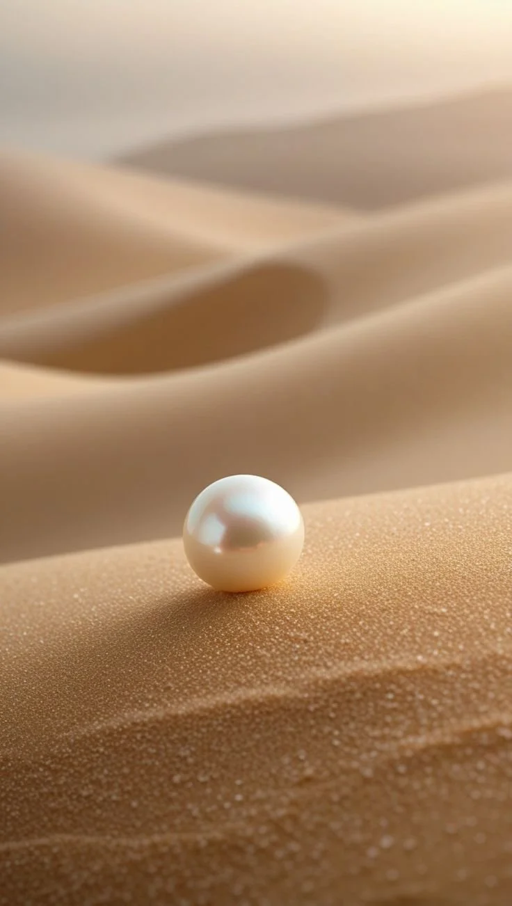 A single white pearl resting on a sandy desert surface with dunes in the background.