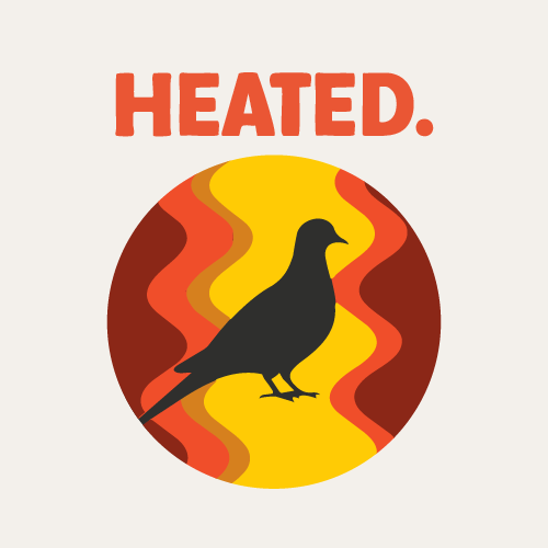 A circular logo with a black silhouette of a bird at the center, surrounded by wavy red, orange, and yellow background. The word "HEATED." is written in bold red letters above the circle.