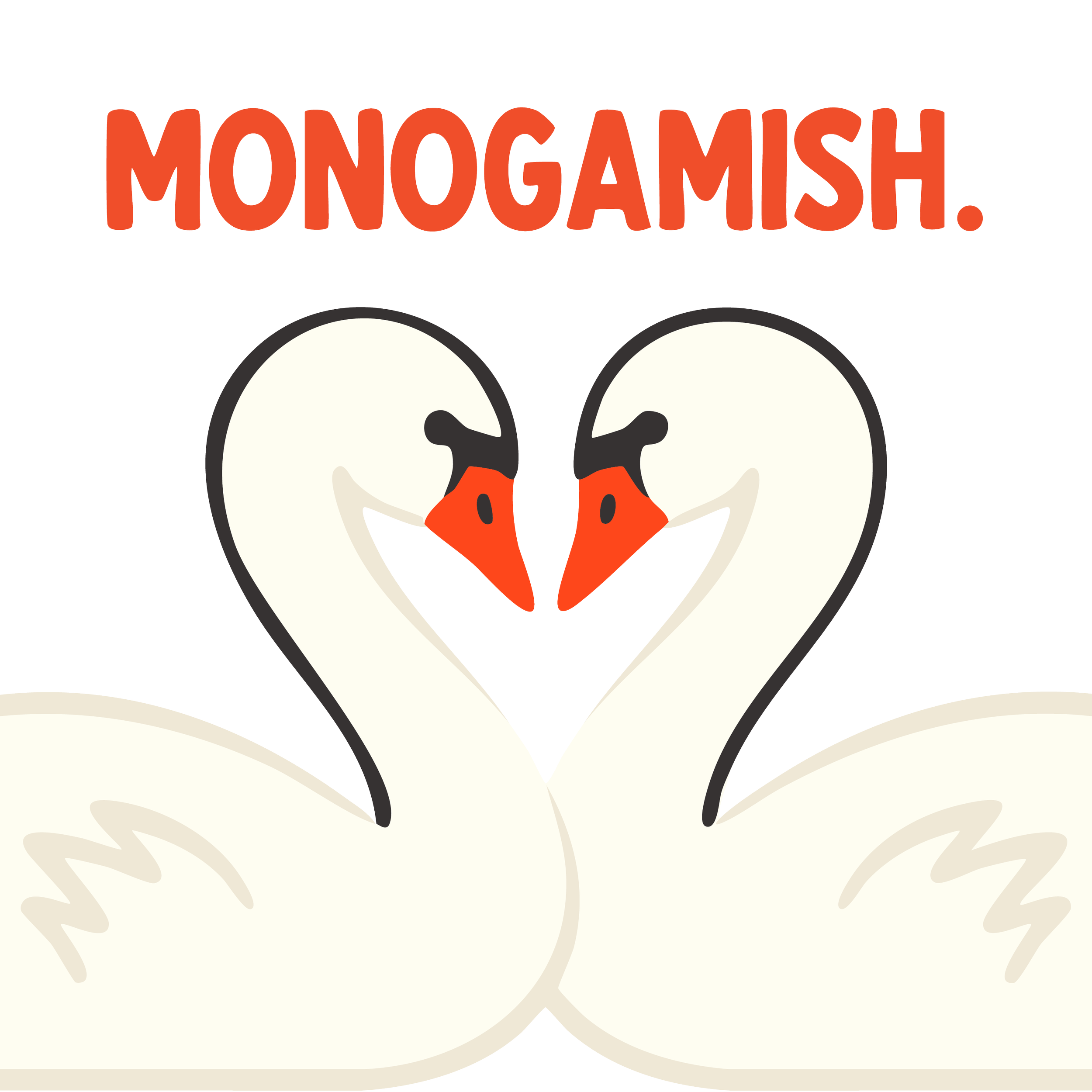 Illustration of two swan necks forming a heart under the text "monogamish."