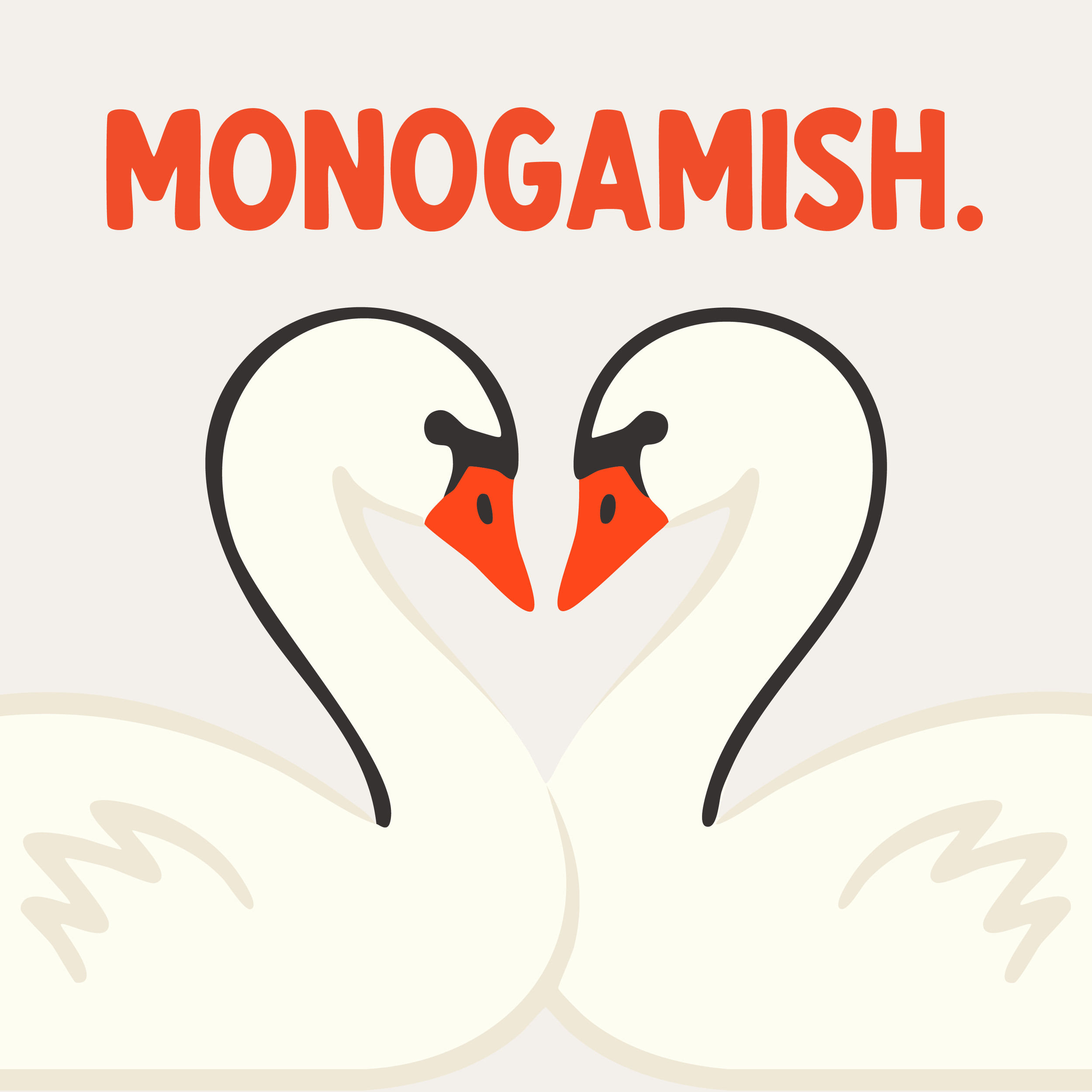 Illustration of two swan necks forming a heart with the text "monogamish."
