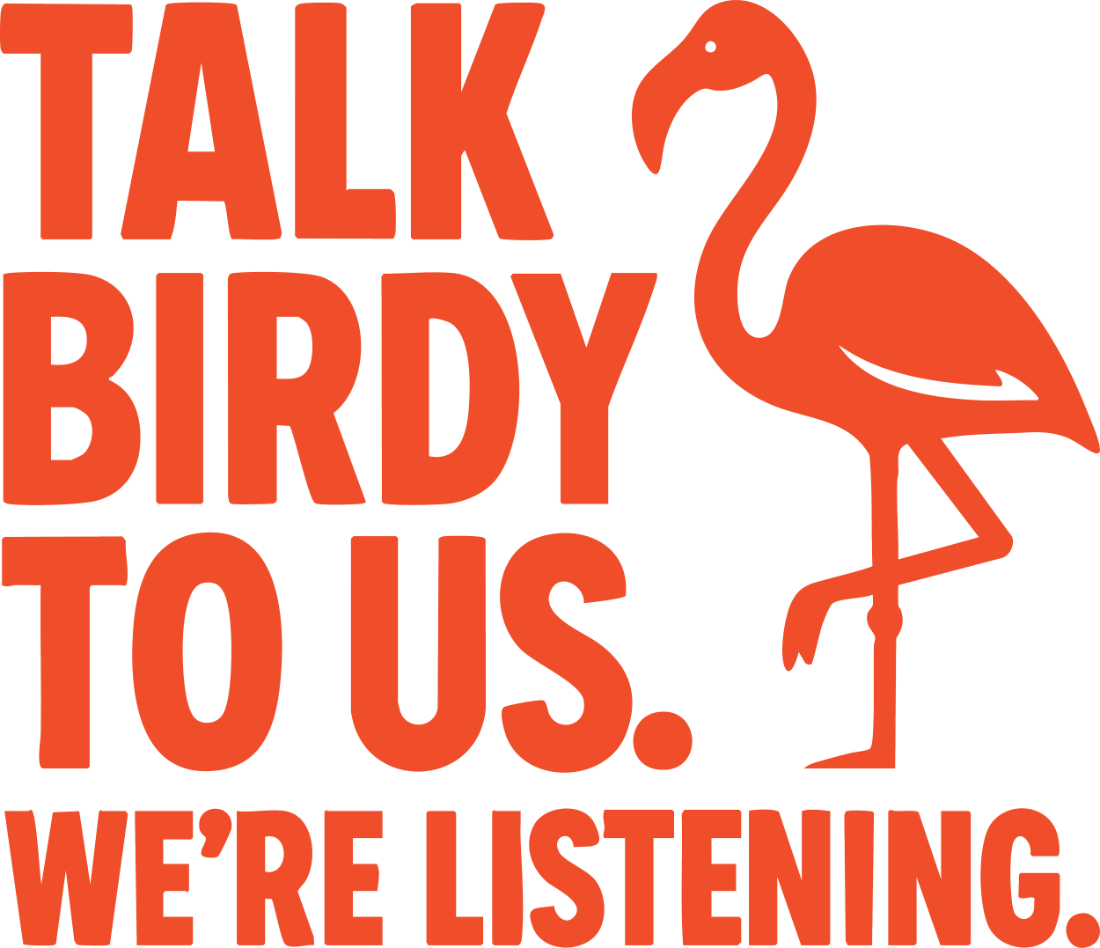 Text reads 'Talk Birdy To Us. We're Listening' with a stylized orange flamingo illustration.