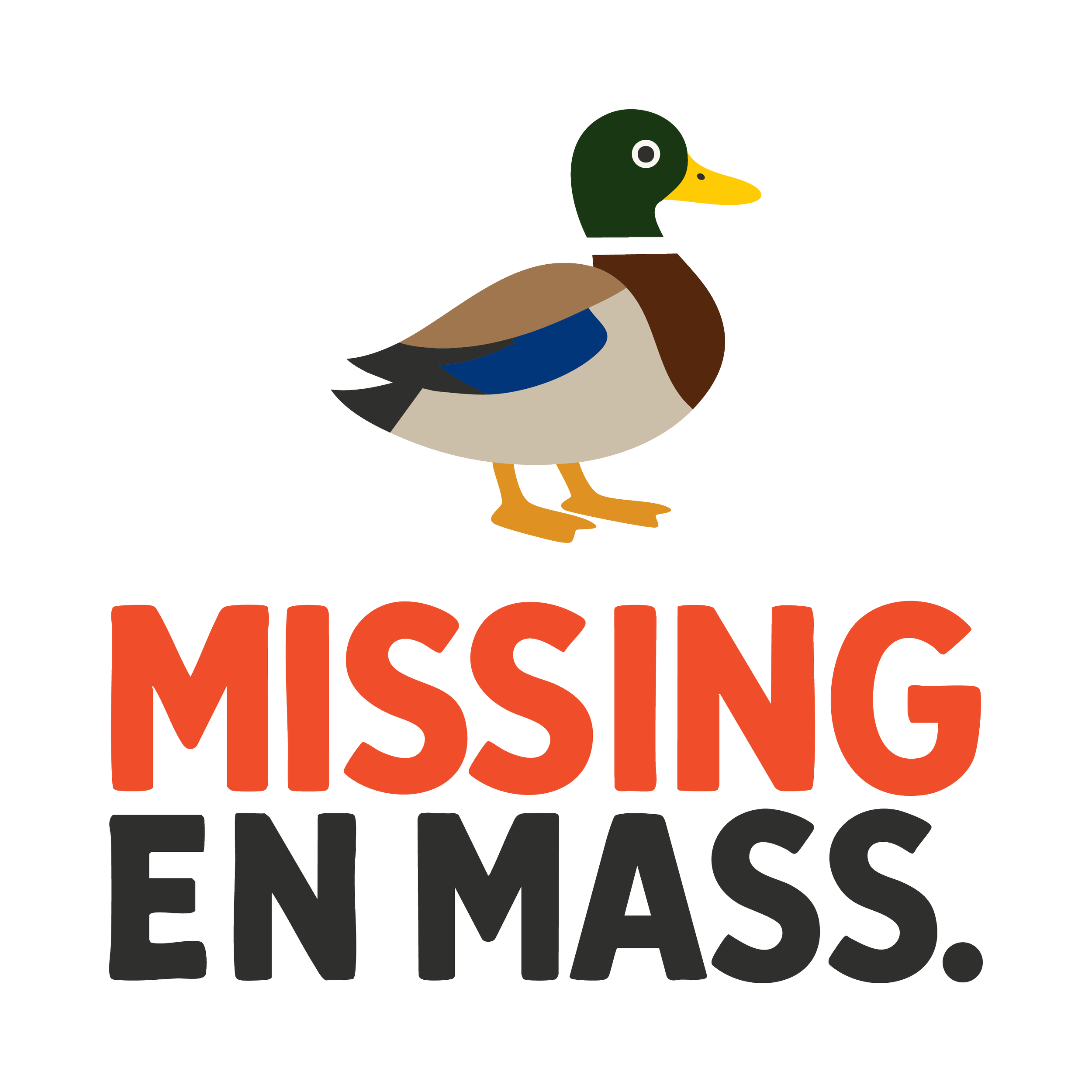 Illustration of a mallard duck with the text "missing en mass."