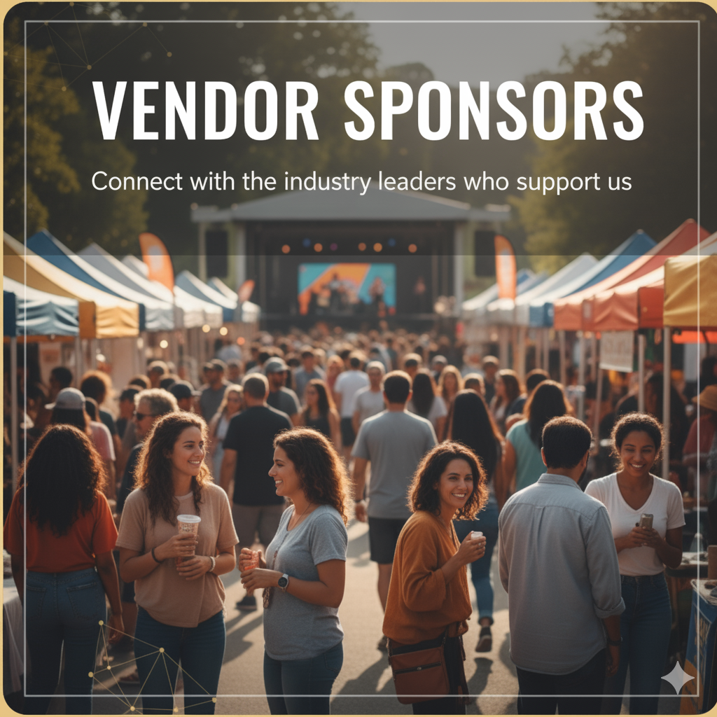 People walking through an outdoor market or festival with vendor booths and a stage in the background, during daytime.