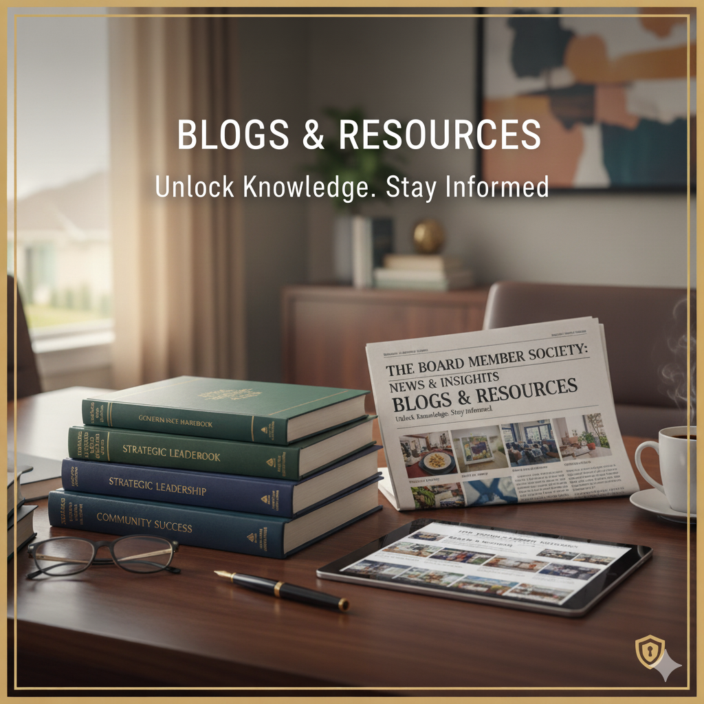 A desk with several books, a tablet displaying a website, a newspaper titled "The Board Member Society: News & Insights Blogs & Resources," a pair of glasses, a pen, and a cup of coffee, in a well-lit room with a window and framed wall art.