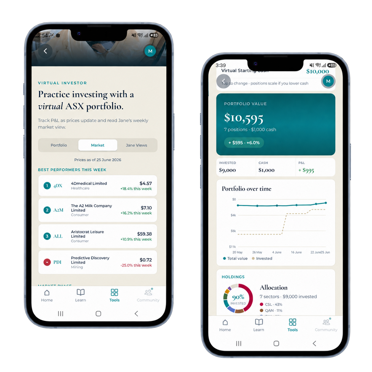 Money by Jane Virtual Investor showing a practice portfolio, performance and holdings
