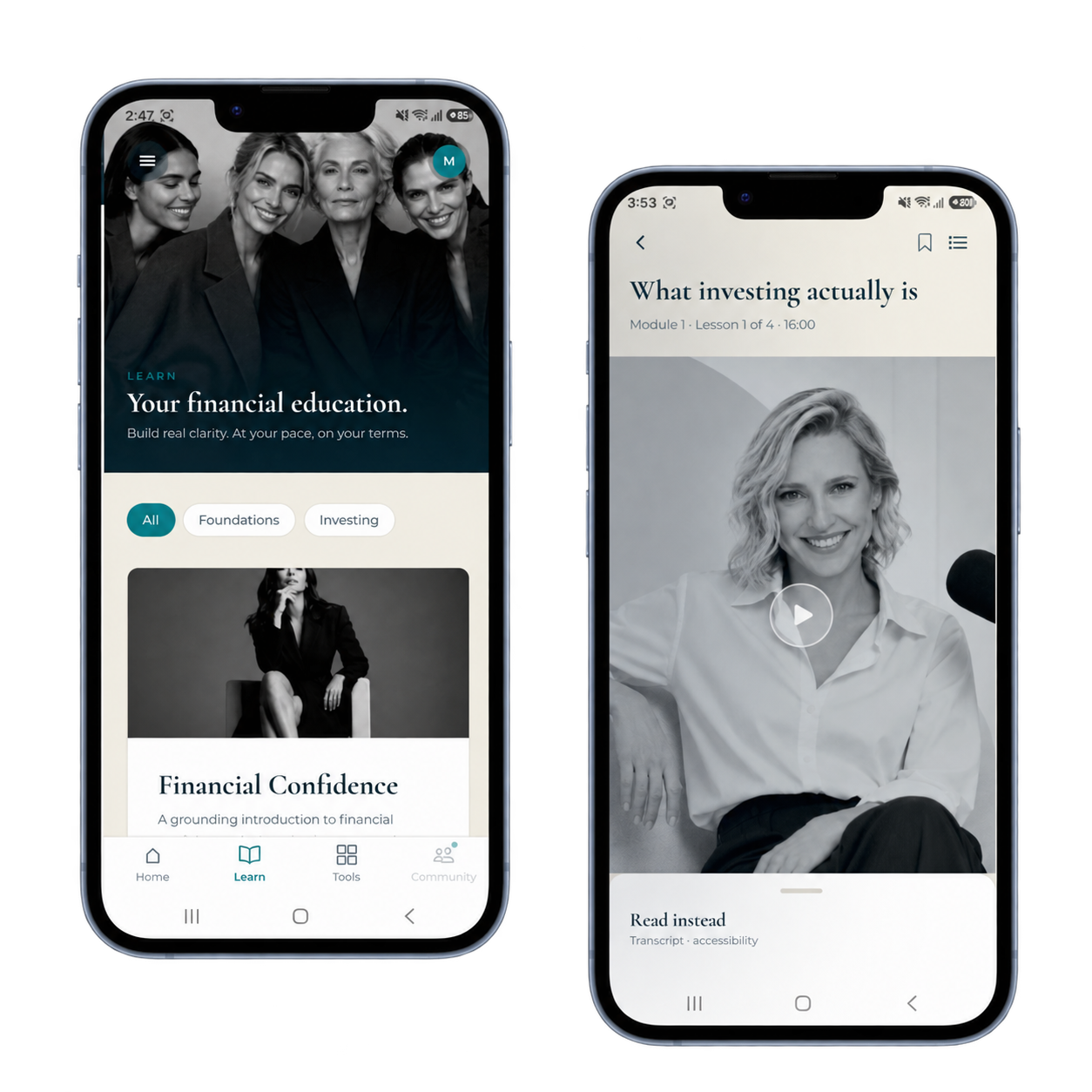 Money by Jane app showing financial education courses and video lessons