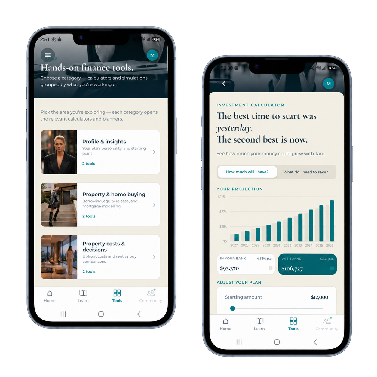 Money by Jane app showing financial tools and investment calculators