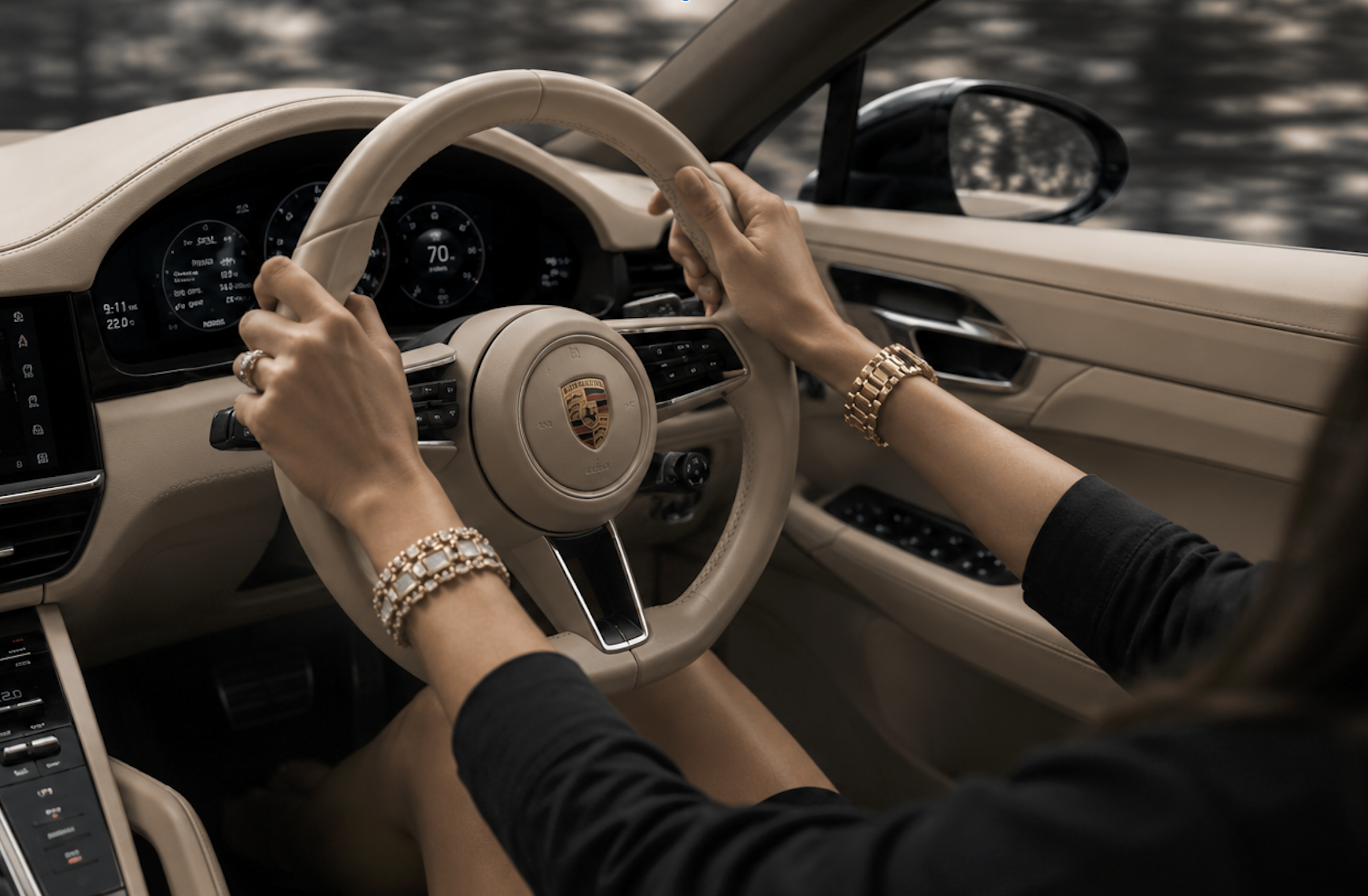 Elegant lifestyle scene featuring a woman driving a car