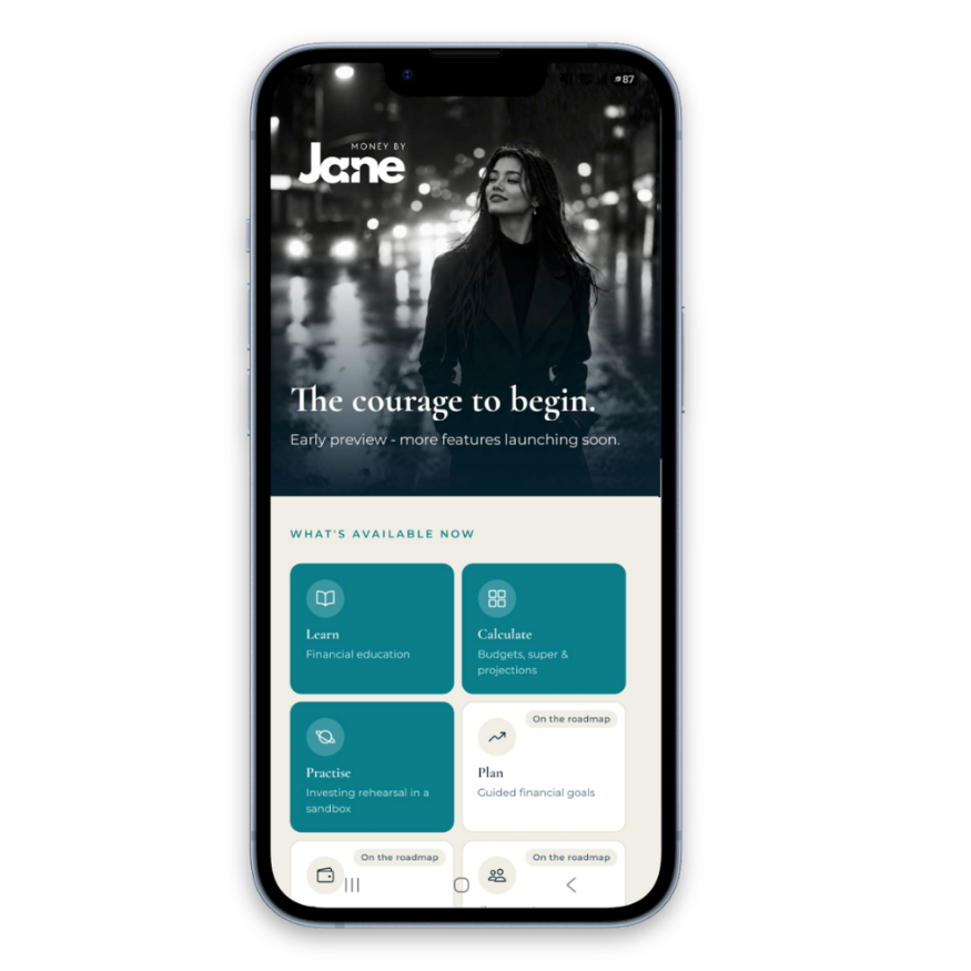 Money by Jane app showing financial learning, tools and investing features
