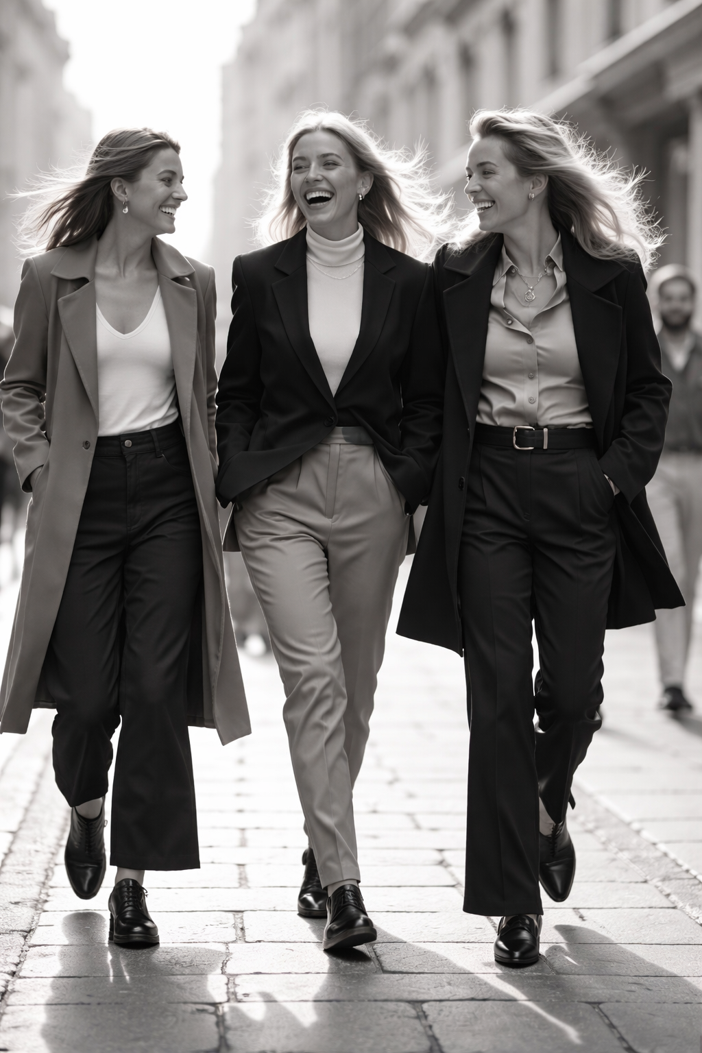 Three confident professional women walking together and smiling, representing financial confidence and community.