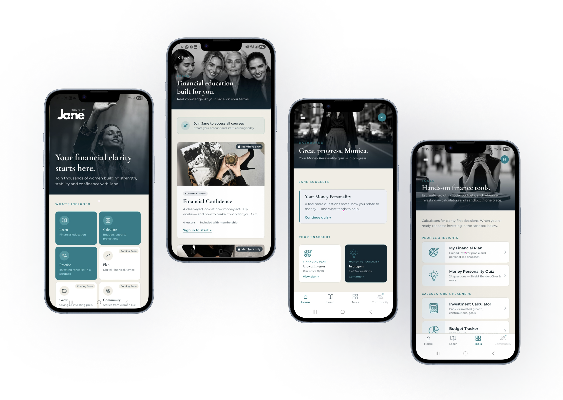 Money by Jane app preview showing financial education, planning tools, personalised insights, and member dashboard screens on four mobile devices.