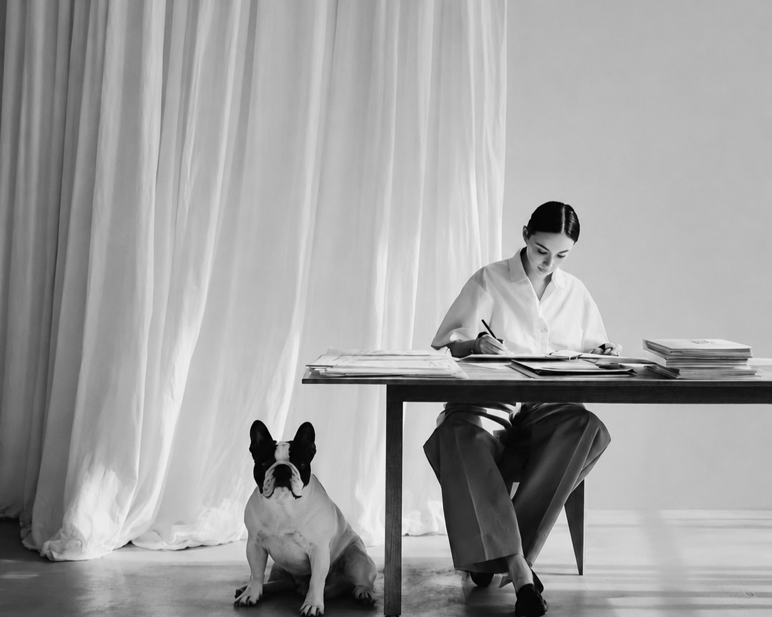 Woman working at a desk with her dog beside her