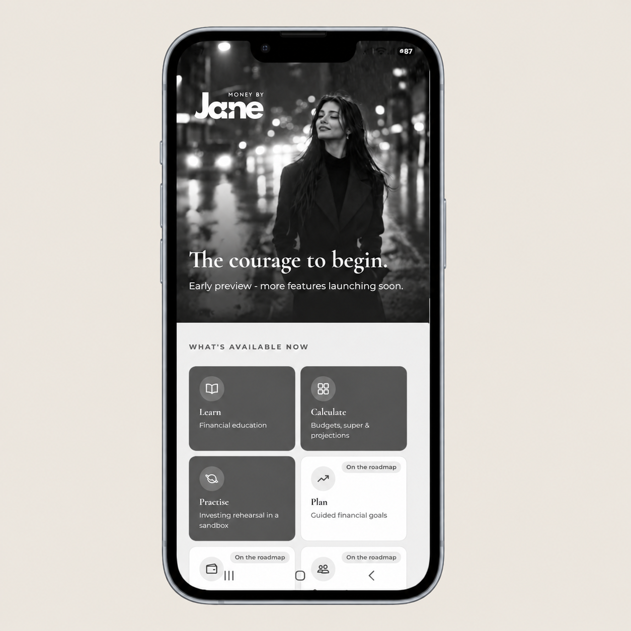Jane financial app opening screen showing Learn, Calculate, Practice, and Plan