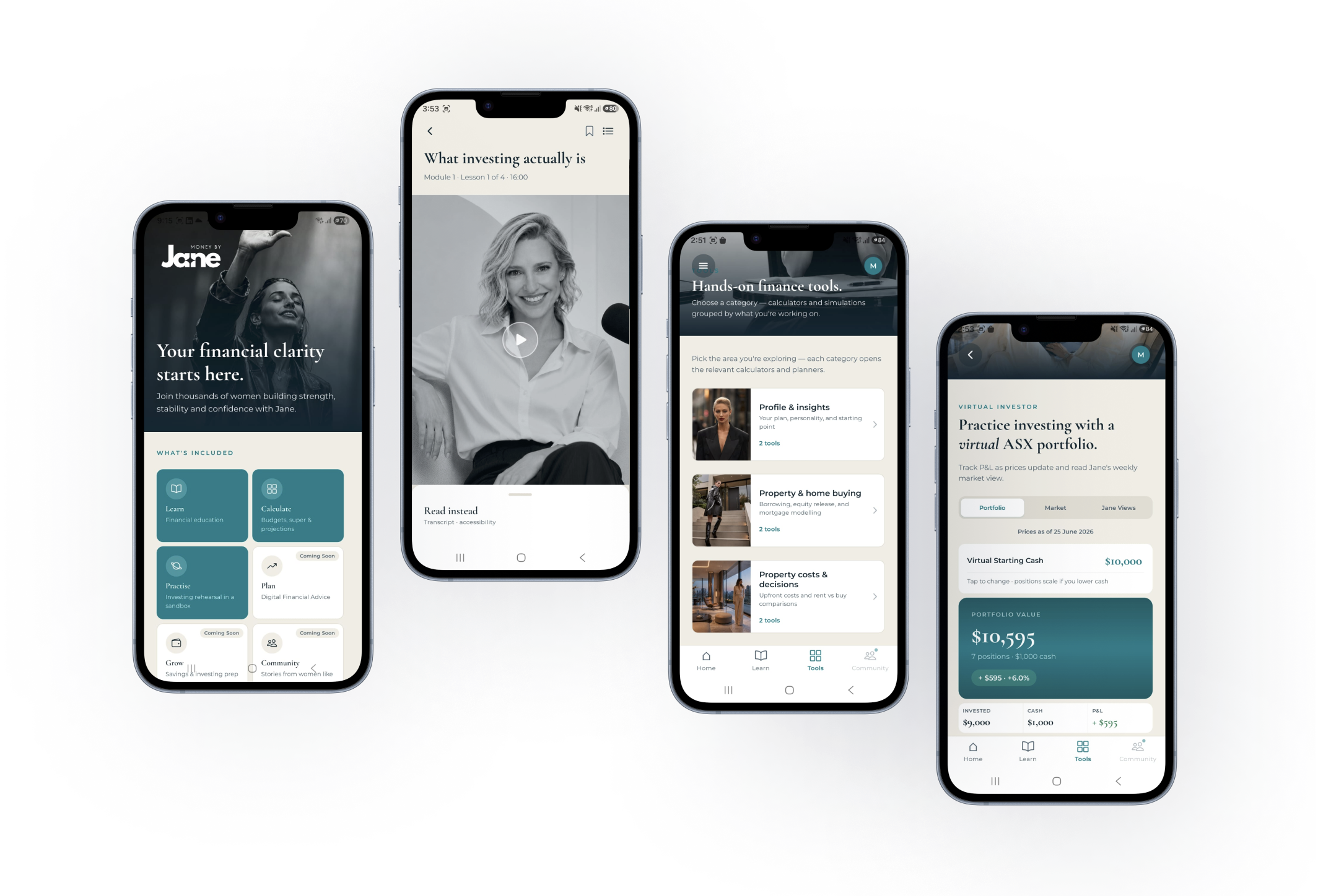 Preview of the screens of the money by jane app showing financial education and tools